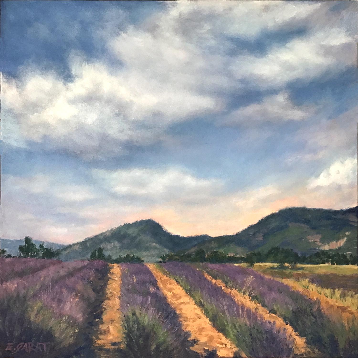 Elizabeth Garat Landscape Painting - Rows of Lavender, Peach Light Above the Hills, Oil Painting
