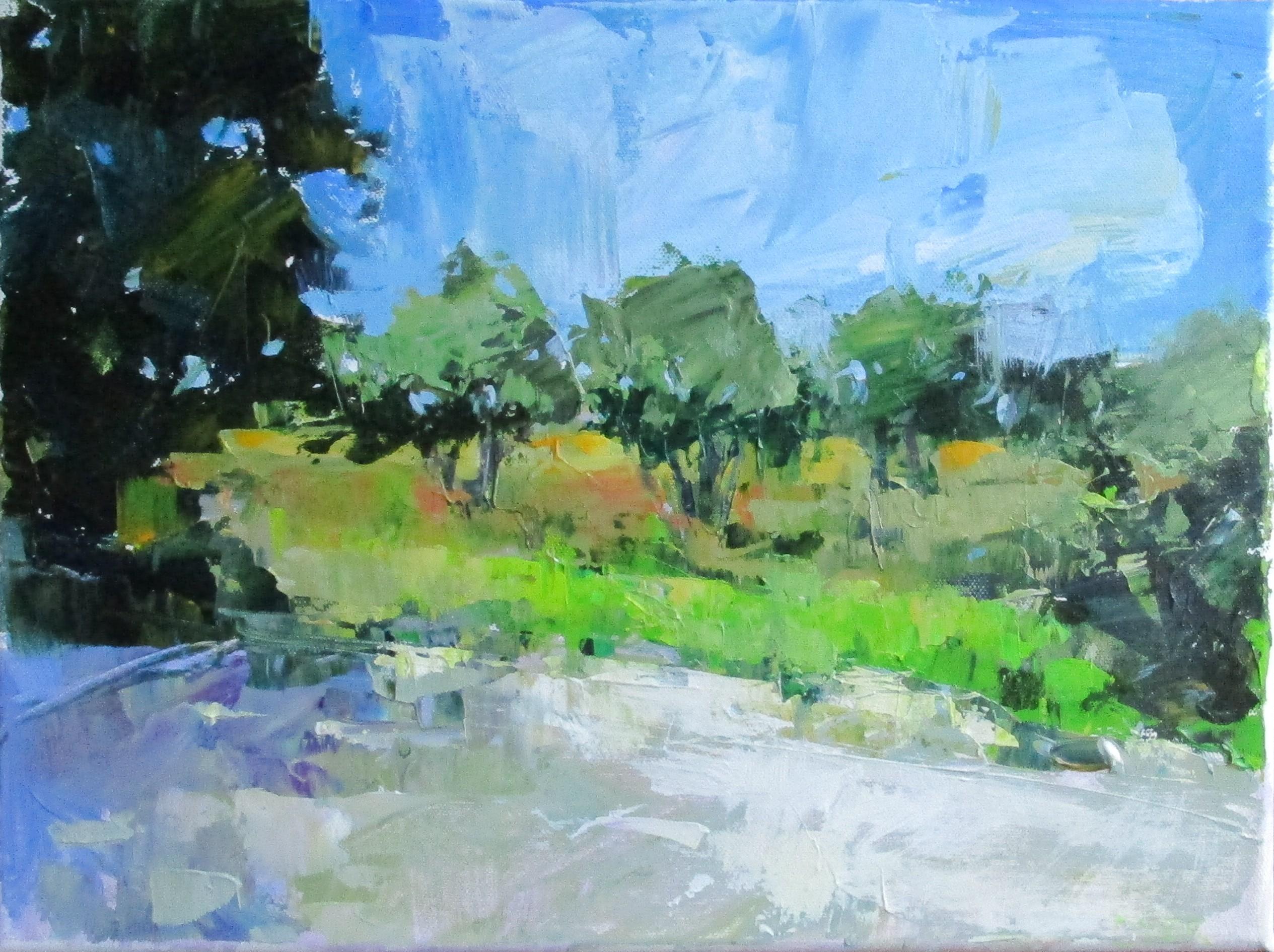 Olivenbäume an der Straße, Provence, Originalgemälde – Art von Janet Dyer