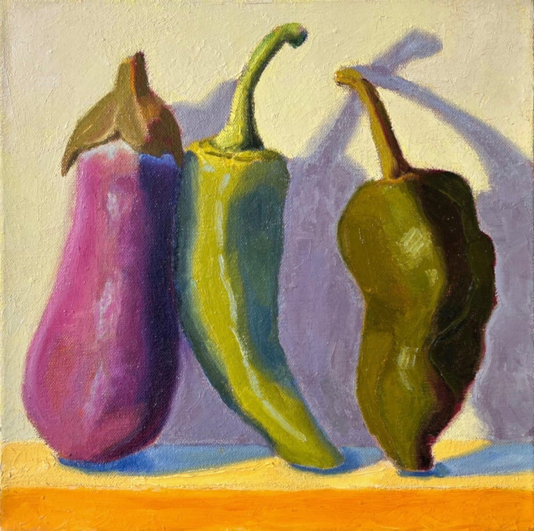Pat Doherty - Aubergine and Peppers, Oil Painting For Sale at 1stDibs