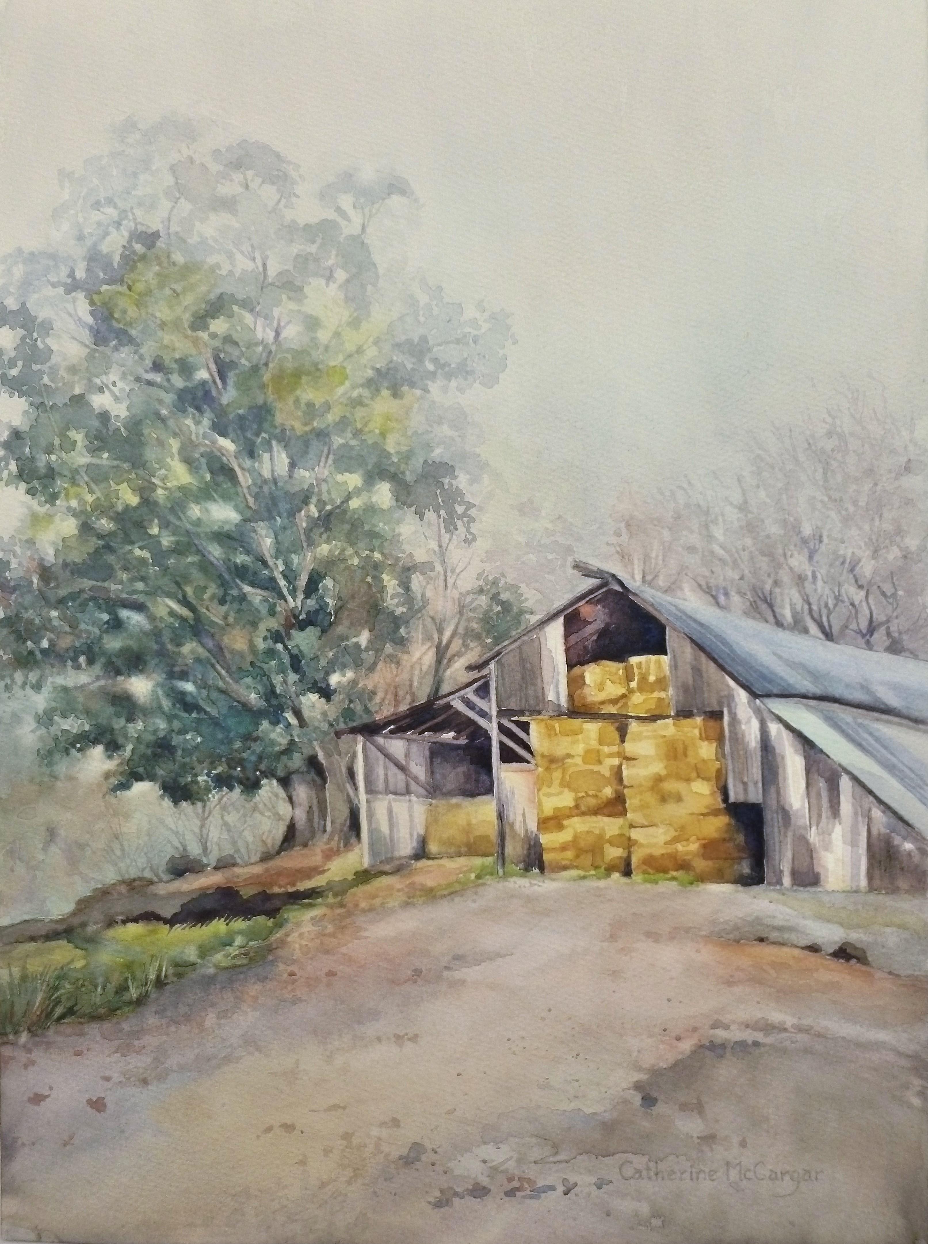 Catherine McCargar Interior Art - Misty Morning on the Farm, Original Painting