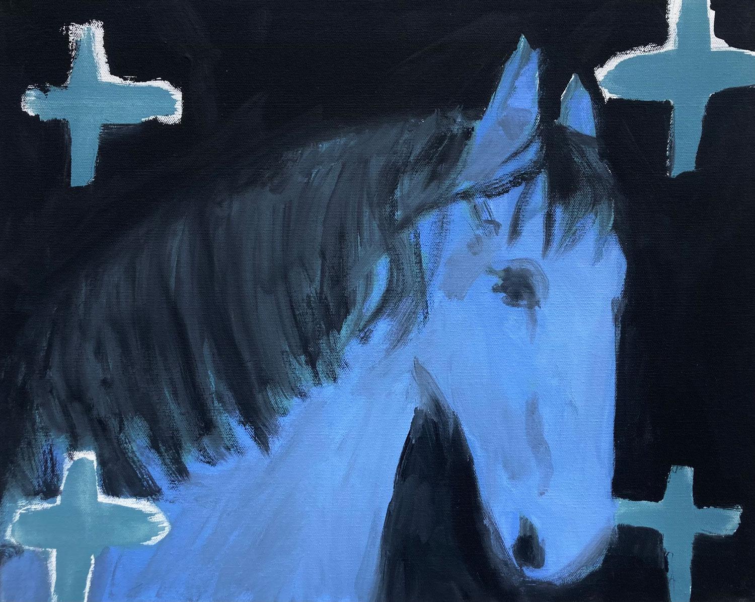 Blue Horse with Crosses, Original Painting - Art by Nick Bontorno