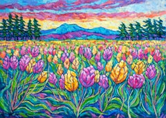 Tulipes au coucher du soleil, peinture à l'huile