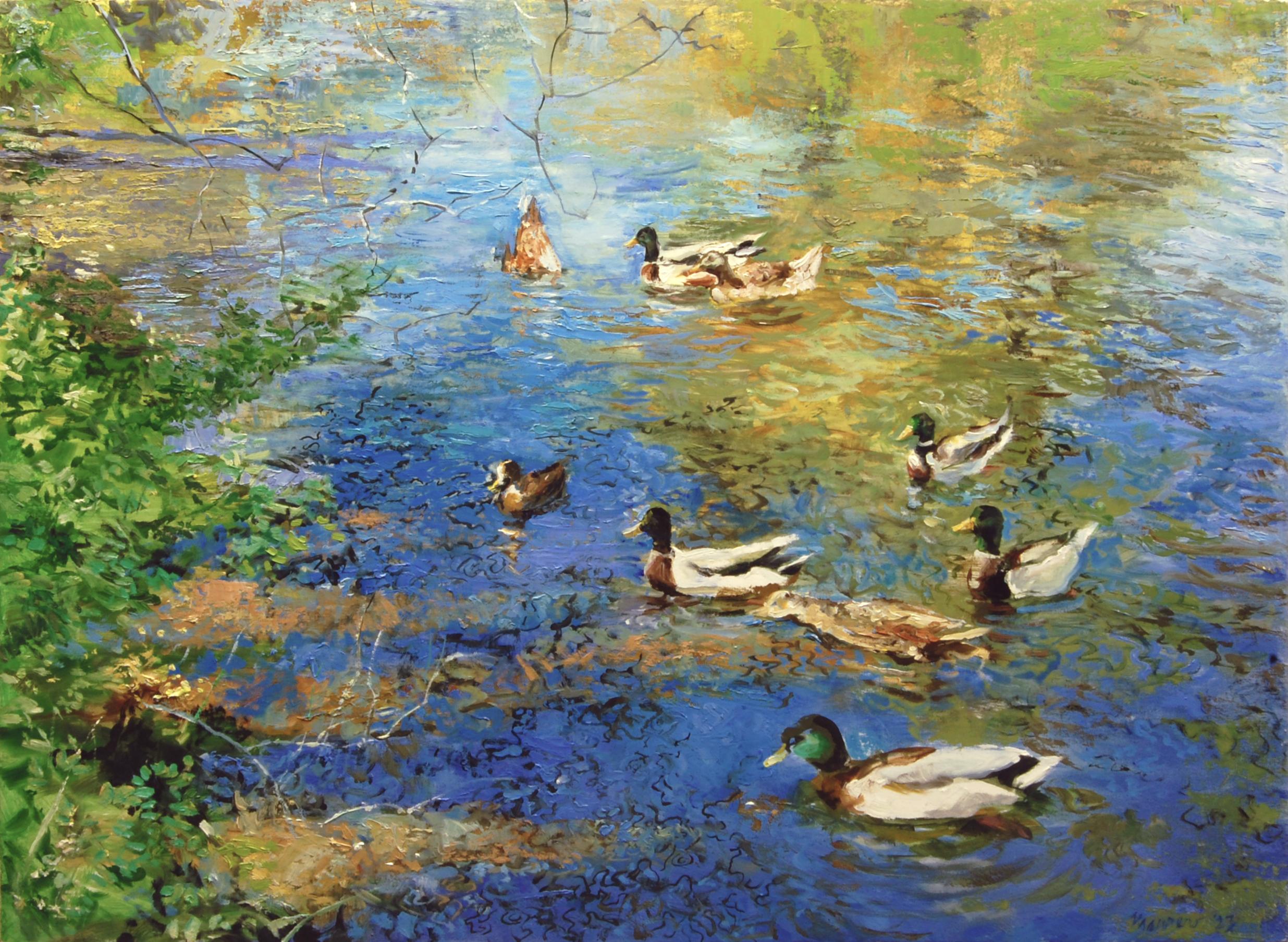 Canards sur la rivière, peinture à l'huile