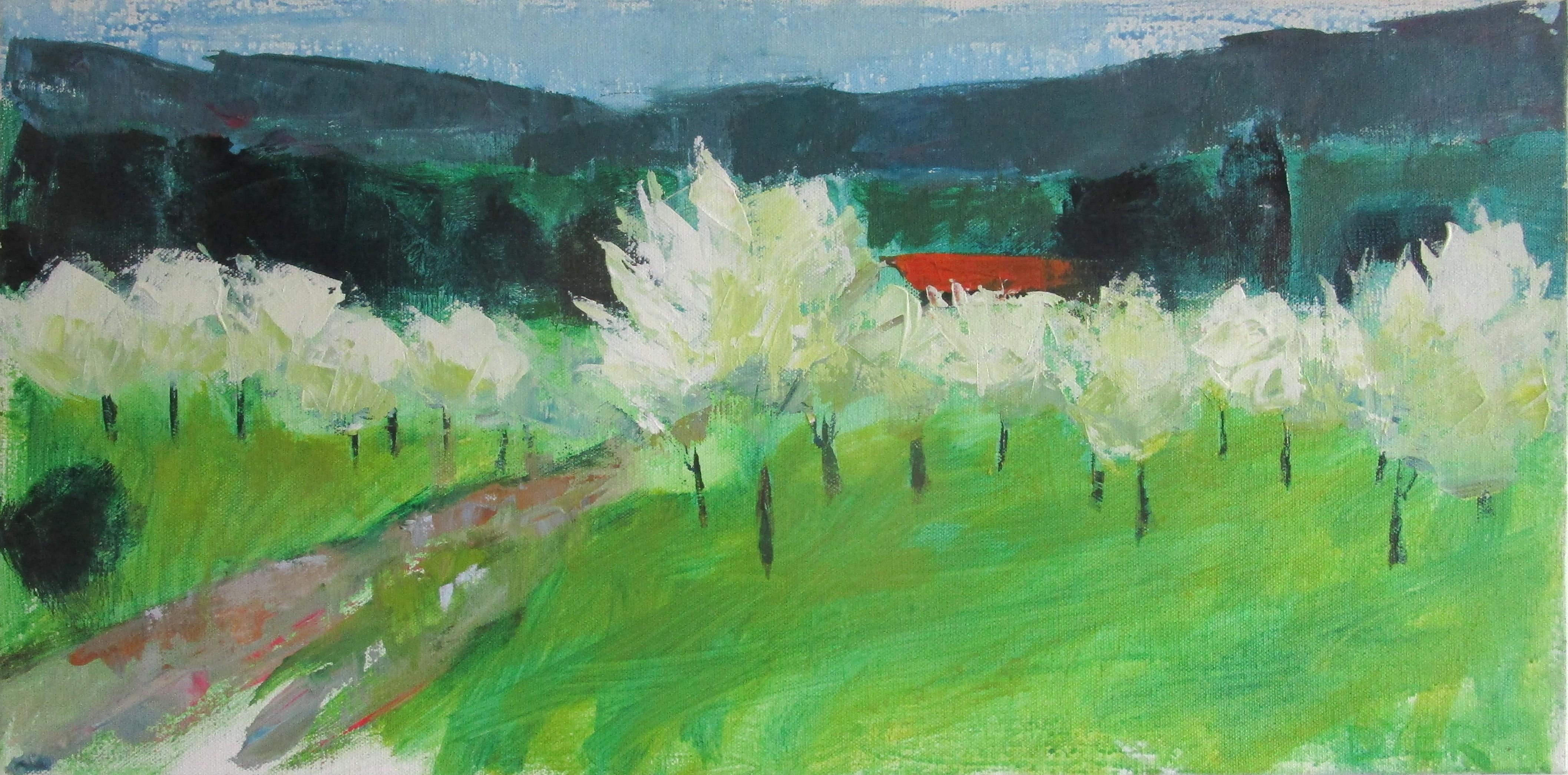 Janet Dyer Landscape Painting – Frühjahrsbäume, roter Dachboden, Provence, Originalgemälde
