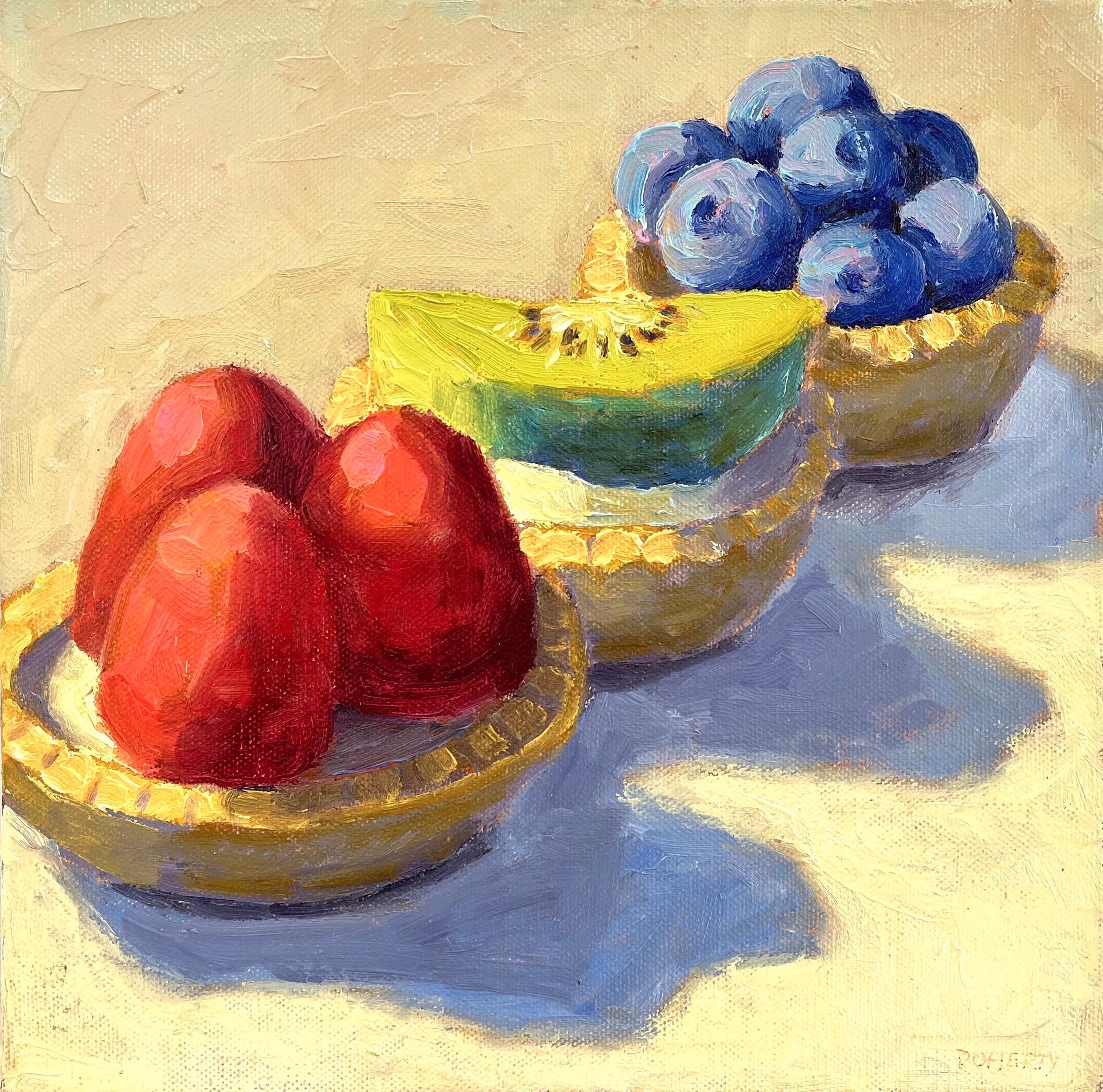 Pat Doherty Still-Life Painting - Three Fruit Tarts, Oil Painting
