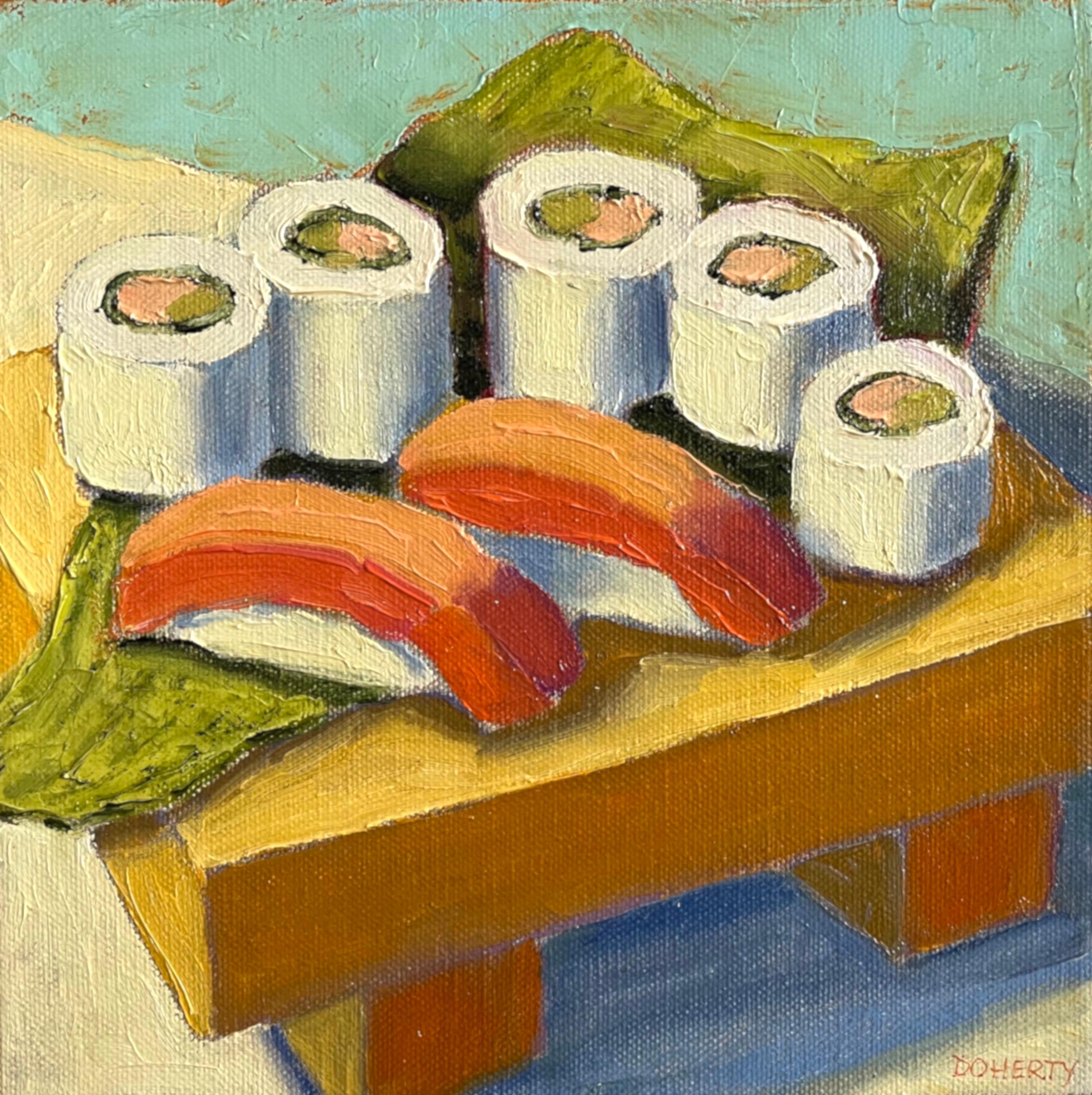Pat Doherty Still-Life Painting - Sushi Board, Oil Painting