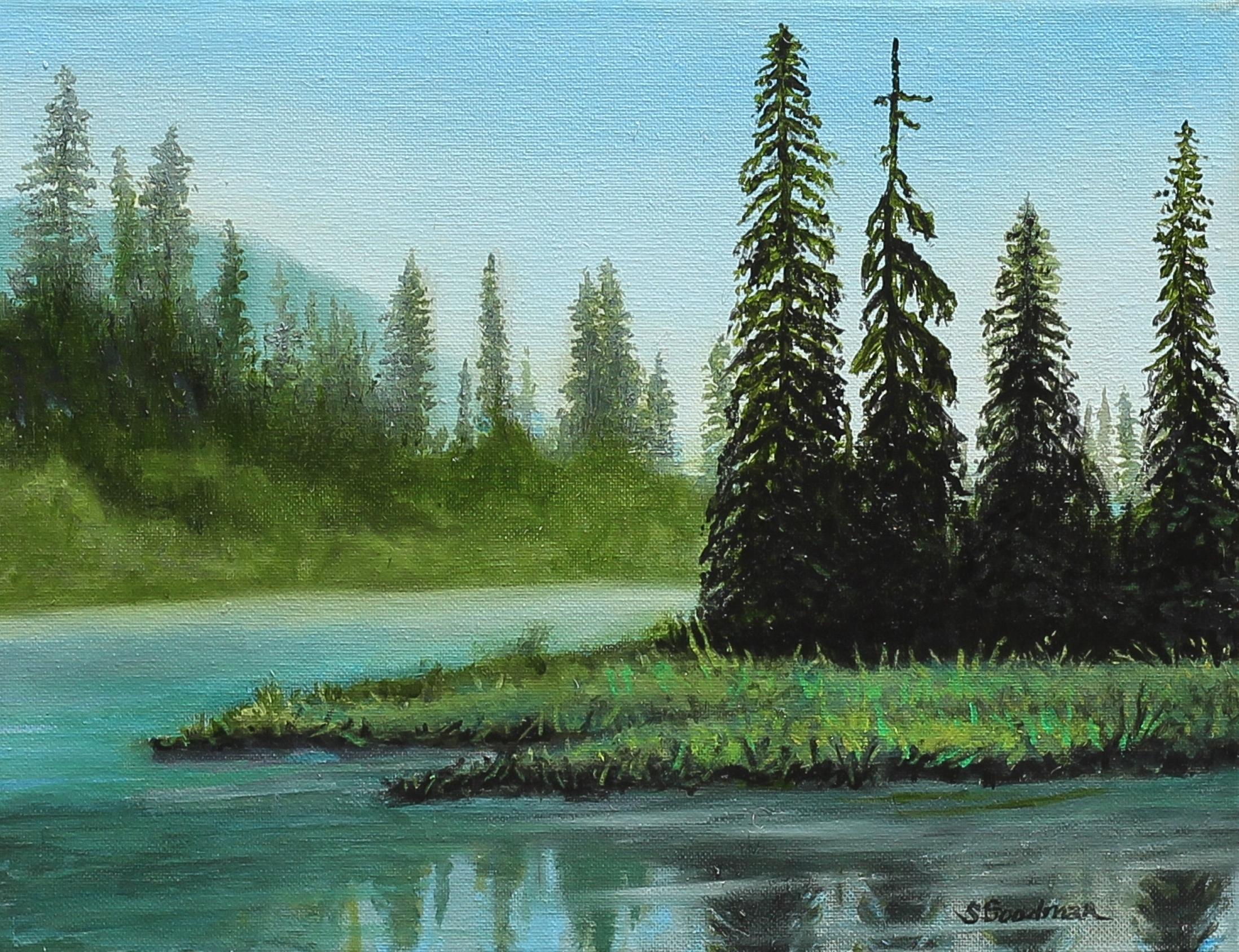 Pines Along the River, Oil Painting - Art by Shela Goodman