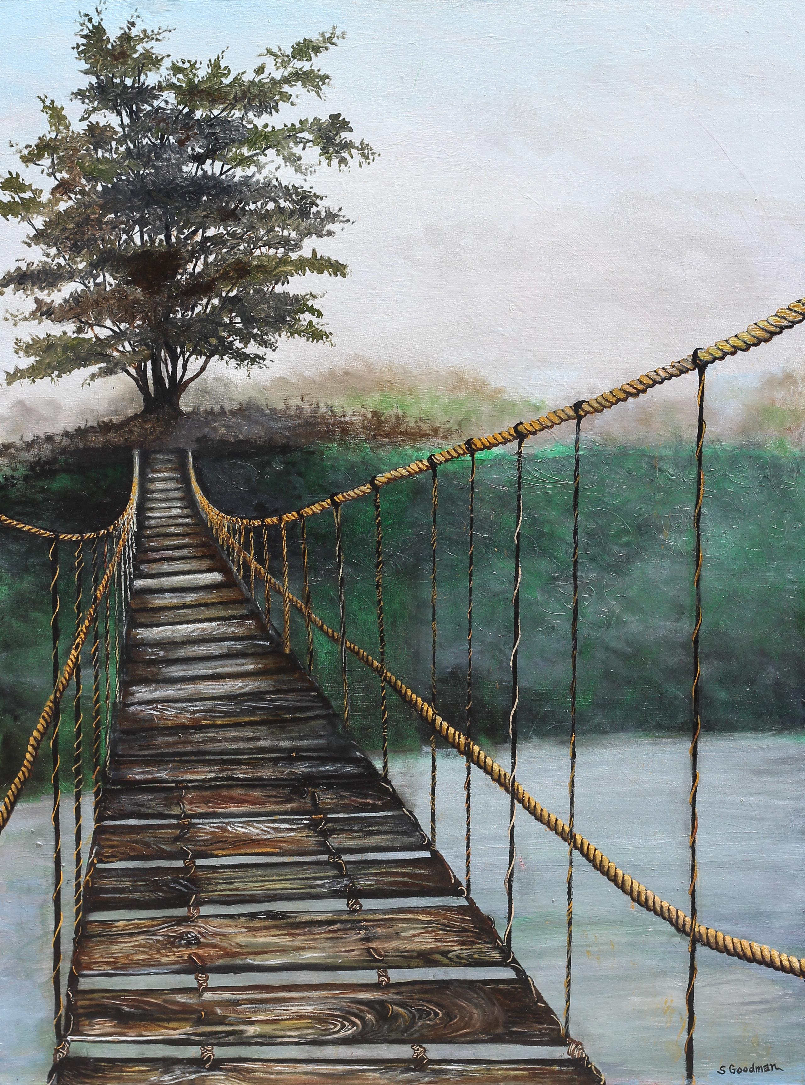 Ponte sul fiume, Pittura a olio - Art di Shela Goodman