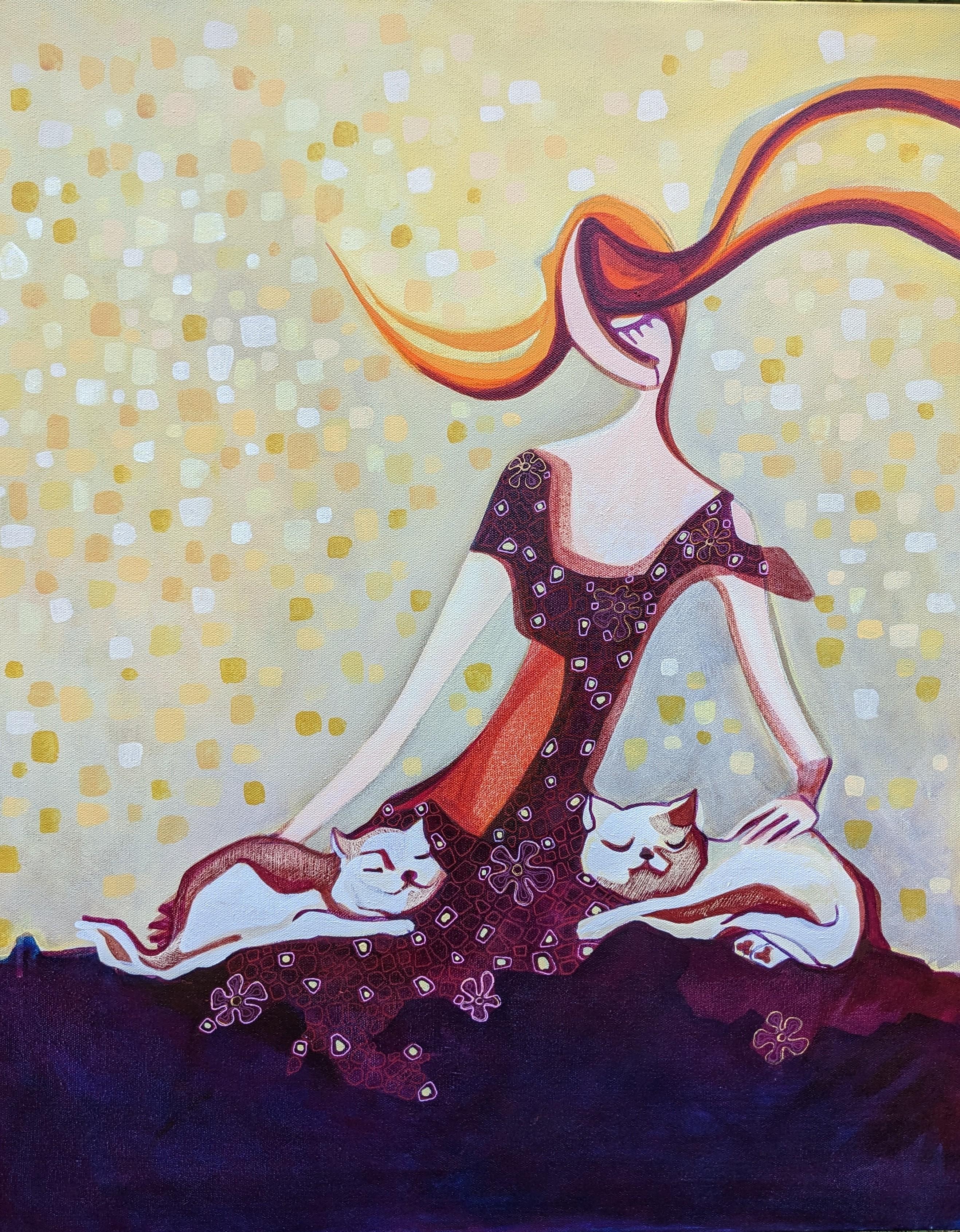 Animal Painting Diana Elena Chelaru - La femme avec des chats, peinture originale
