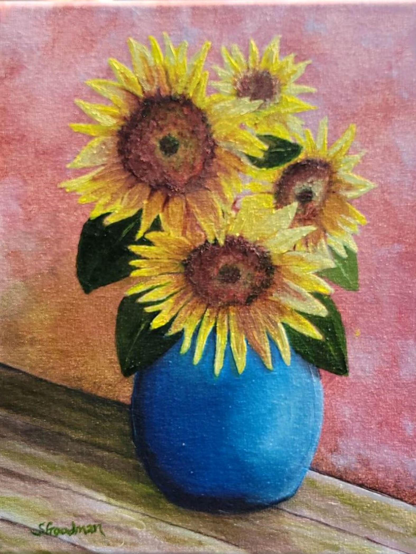 Sunflowers in Blue Vase, Oil Painting - Art by Shela Goodman