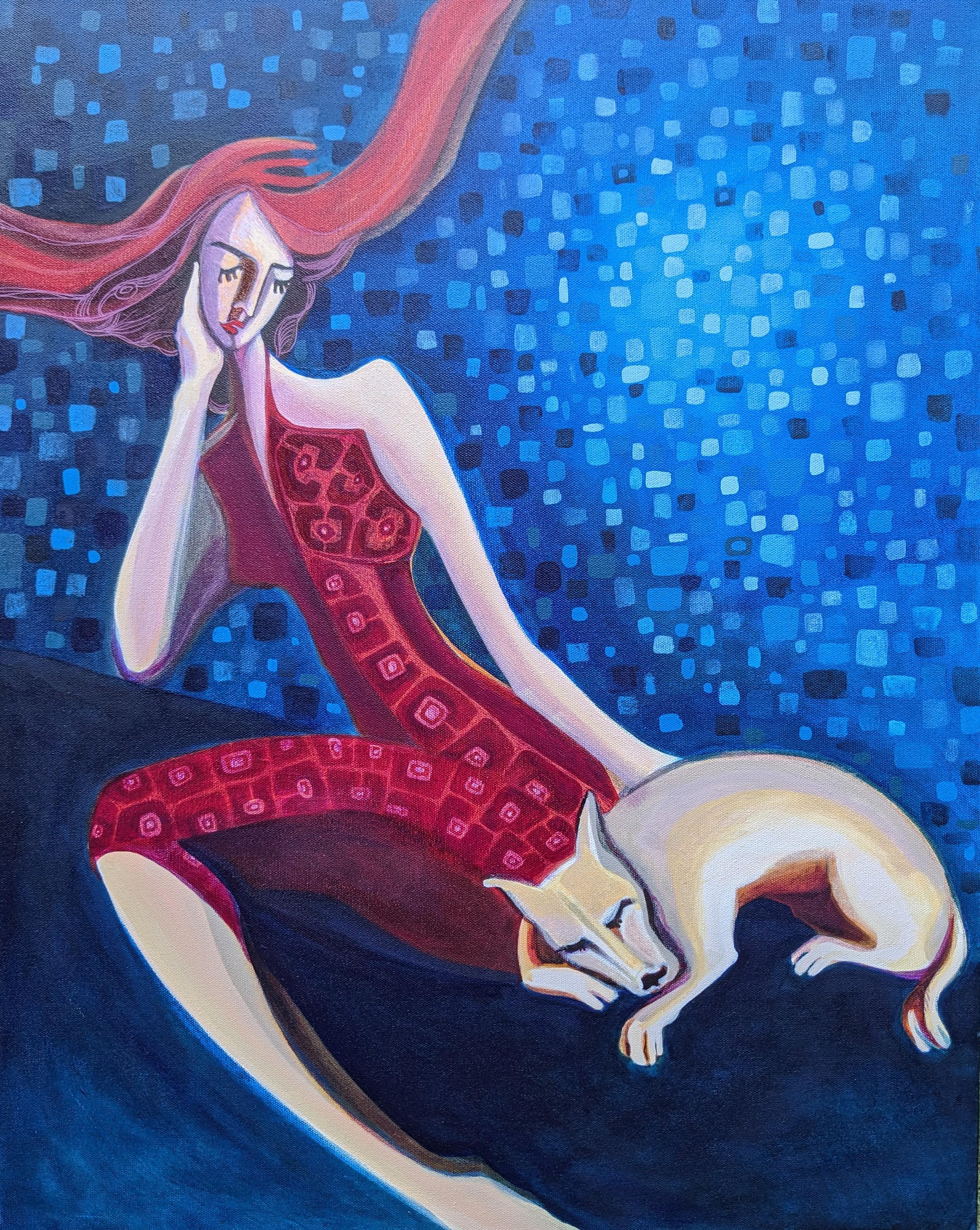 Diana Elena Chelaru Animal Painting - Lady with Dog, Original Painting