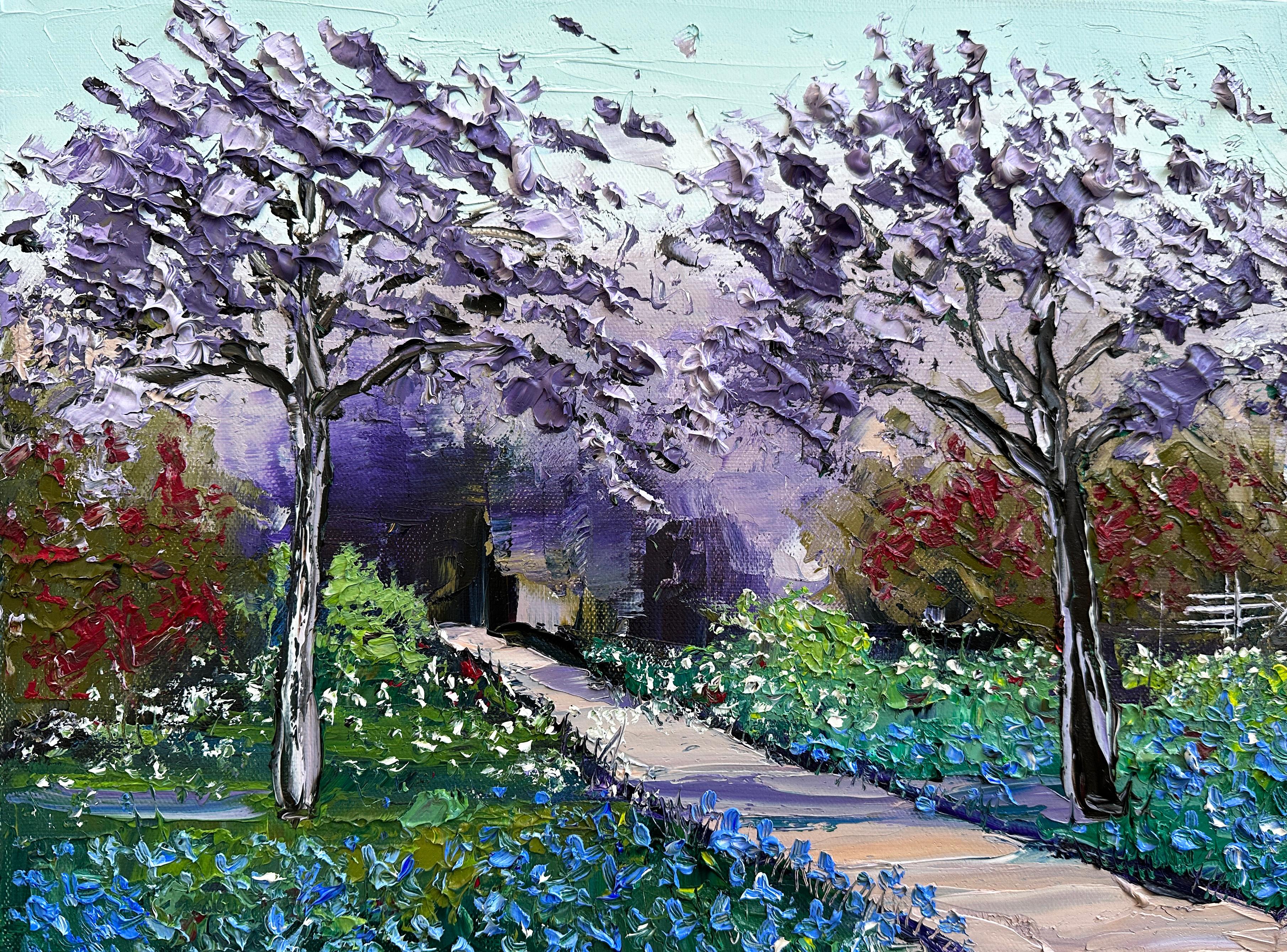 Lisa Elley Landscape Painting - Jacarandas with Monet, Oil Painting