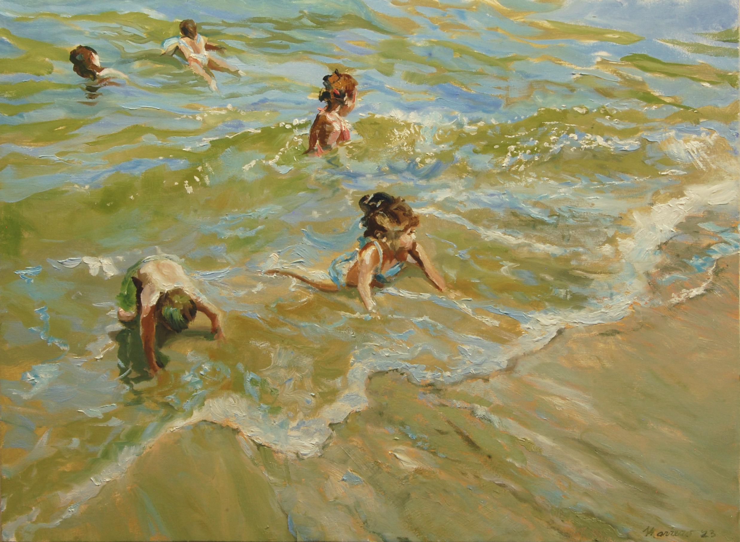 Children Along the Seashore, Oil Painting - Art by Onelio Marrero