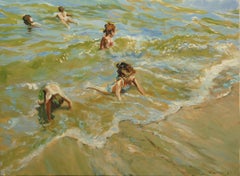 Les enfants le long du rivage, peinture à l'huile