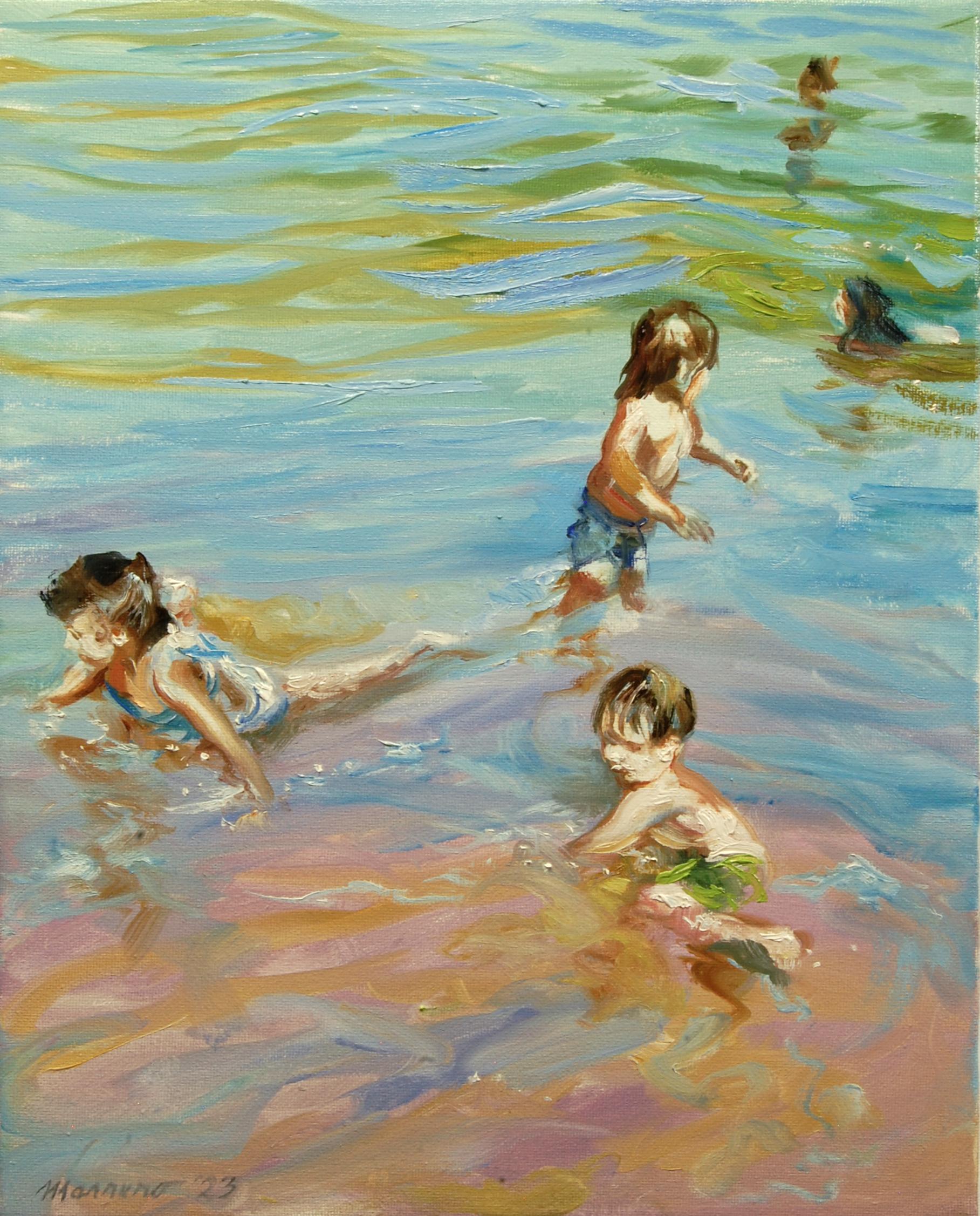 Onelio Marrero Figurative Painting - Children at Low Tide, Oil Painting