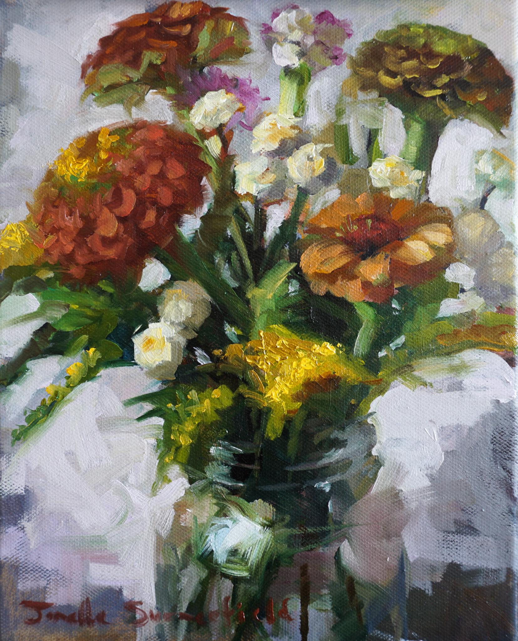 Jonelle Summerfield Still-Life Painting - Summer Flowers in a Mason Jar, Oil Painting