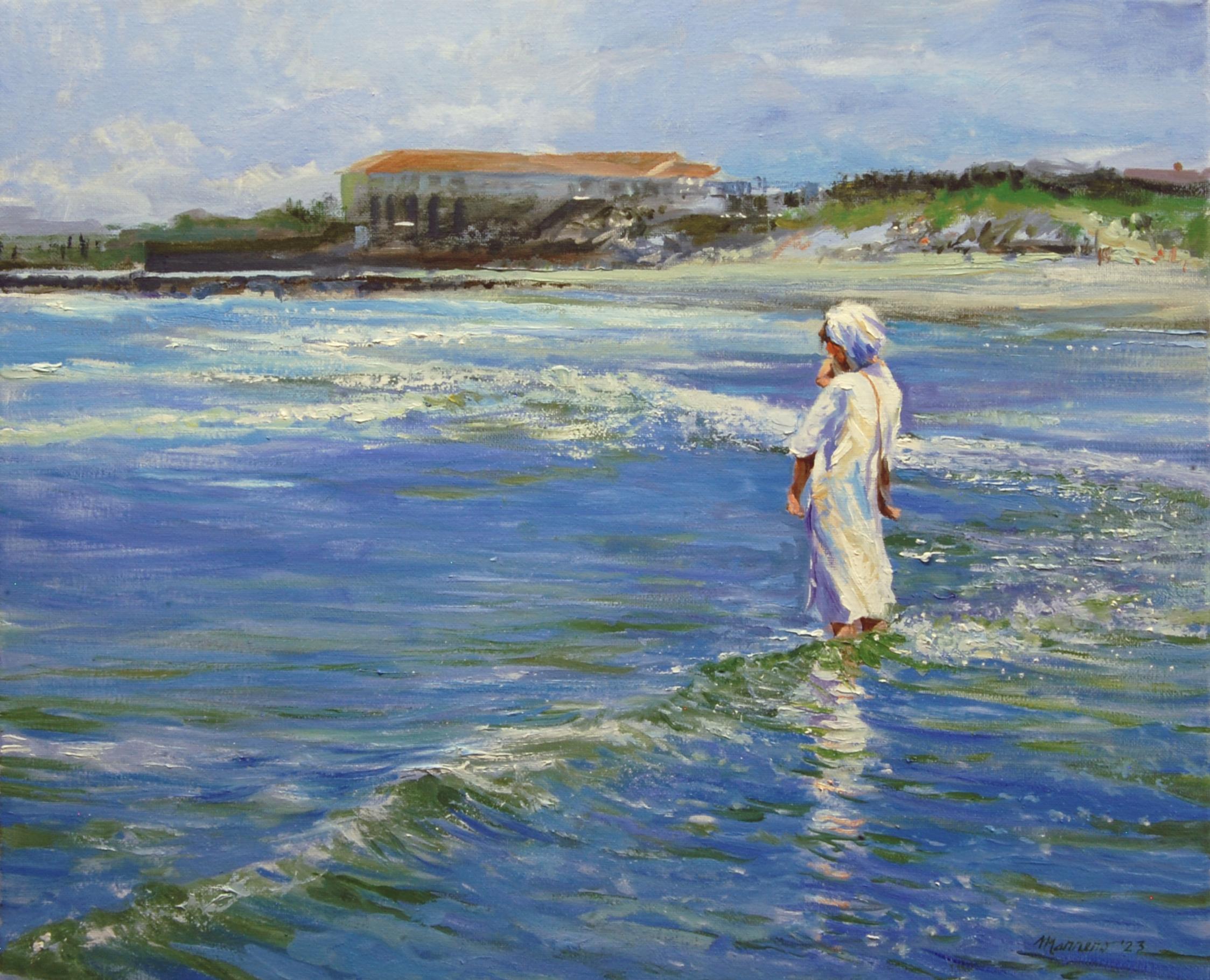 Hasidic Mother And Child In The Surf, Oil Painting - Art by Onelio Marrero