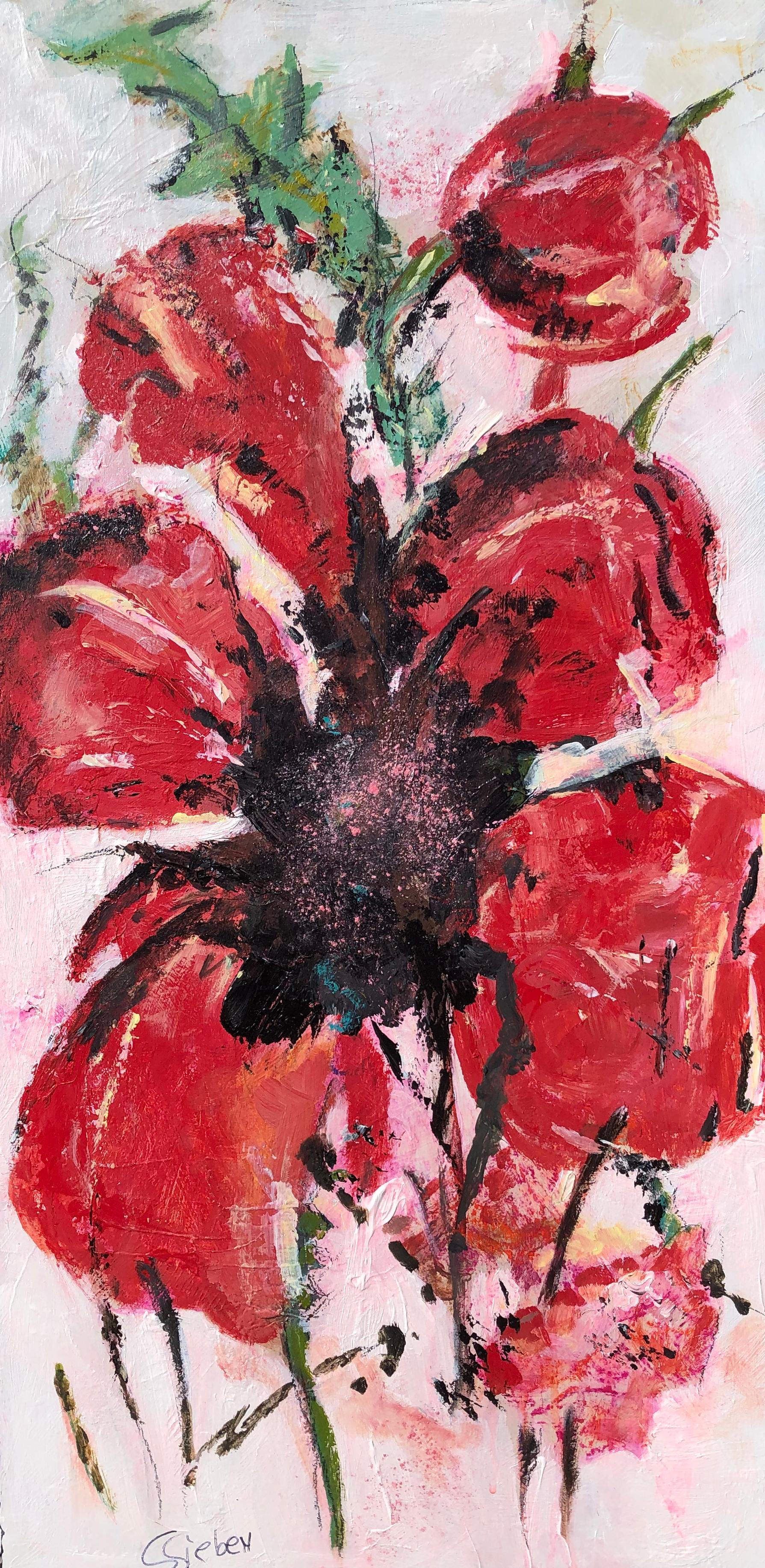 Sharon Sieben Still-Life Painting – Rote Mohnblumen, Originalgemälde