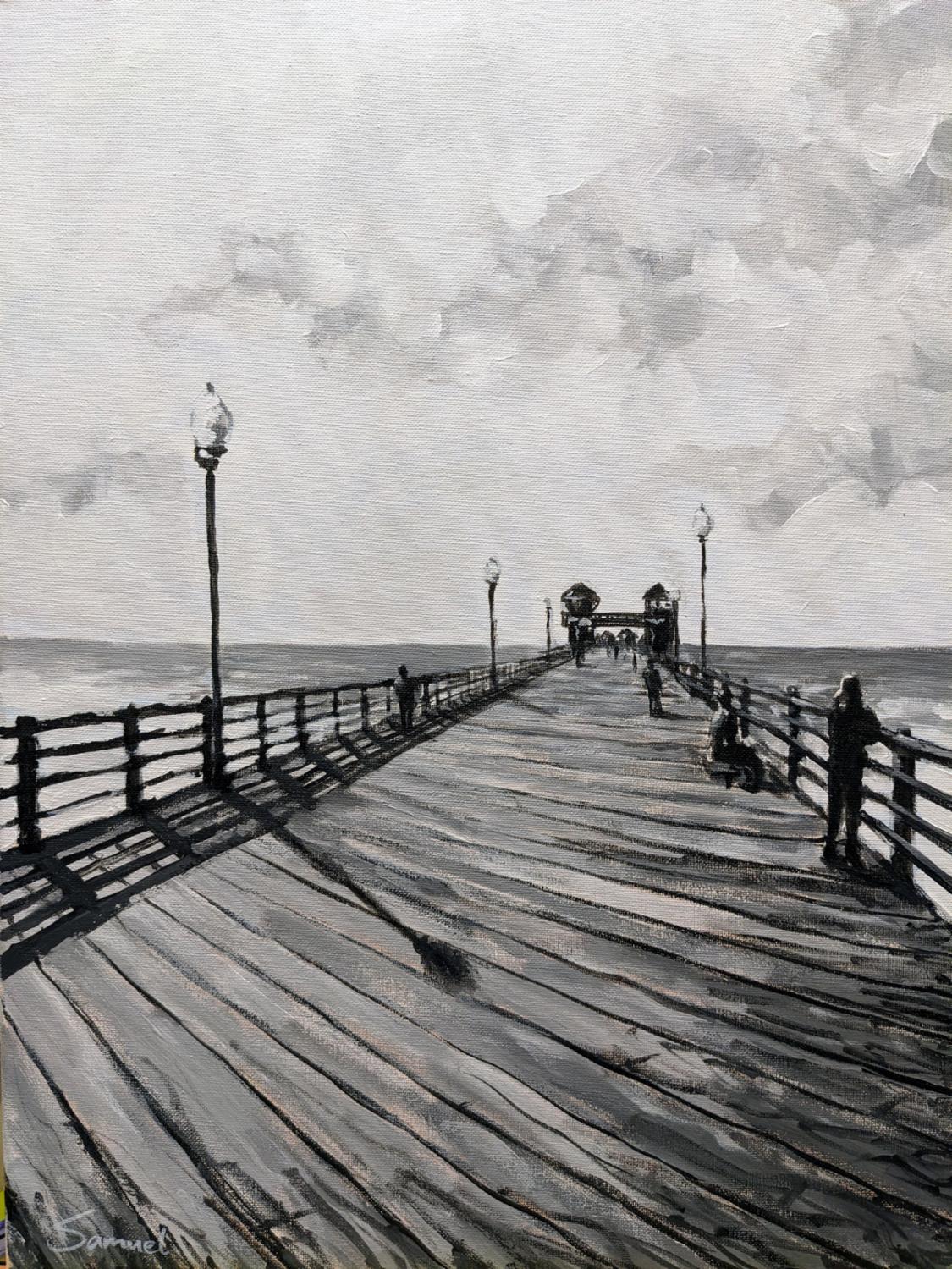 Samuel Pretorius Landscape Painting - Oceanside Pier in Black and White, Original Painting