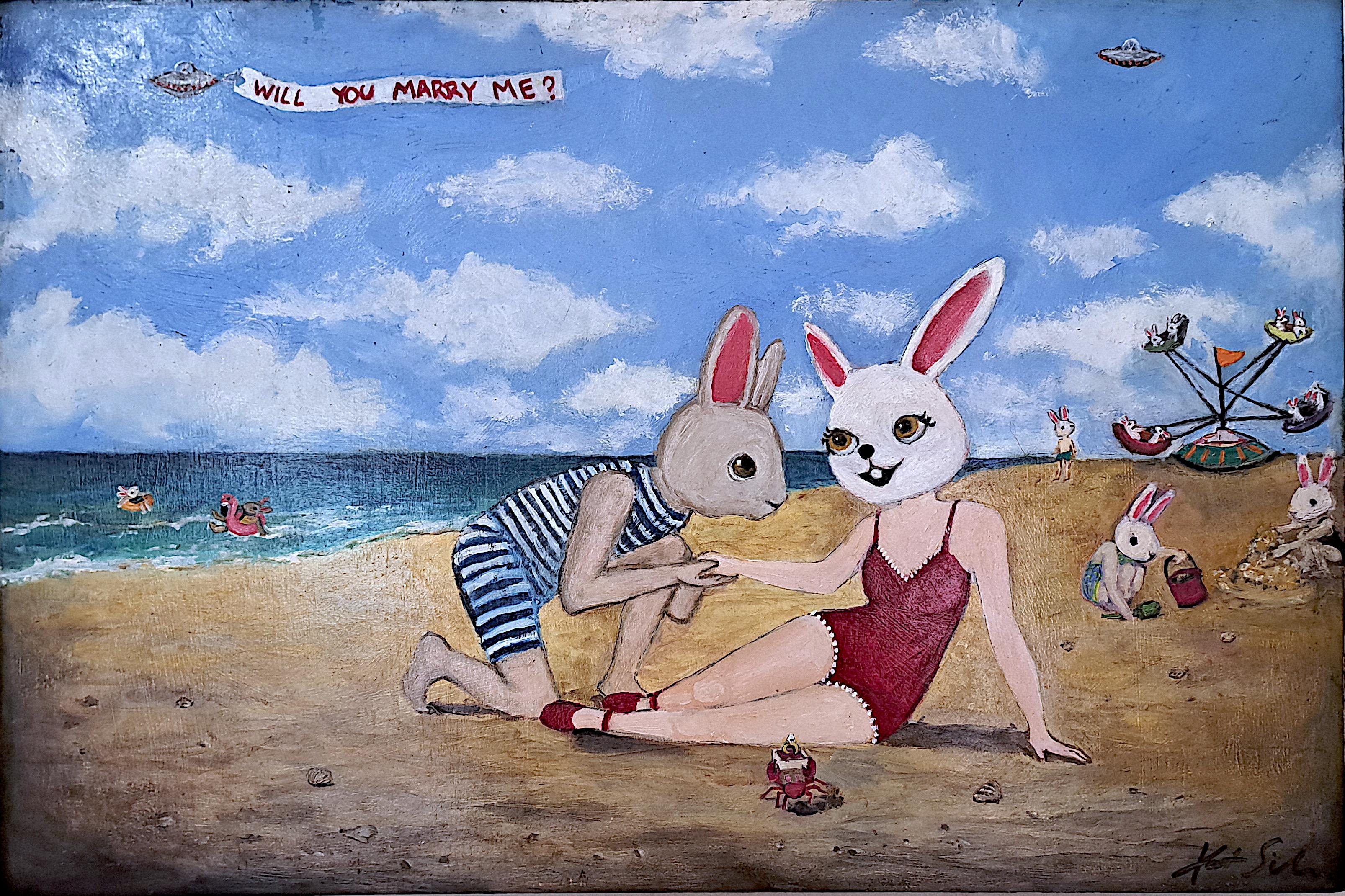 Proposition de plage, peinture à l'huile - Art de Kat Silver