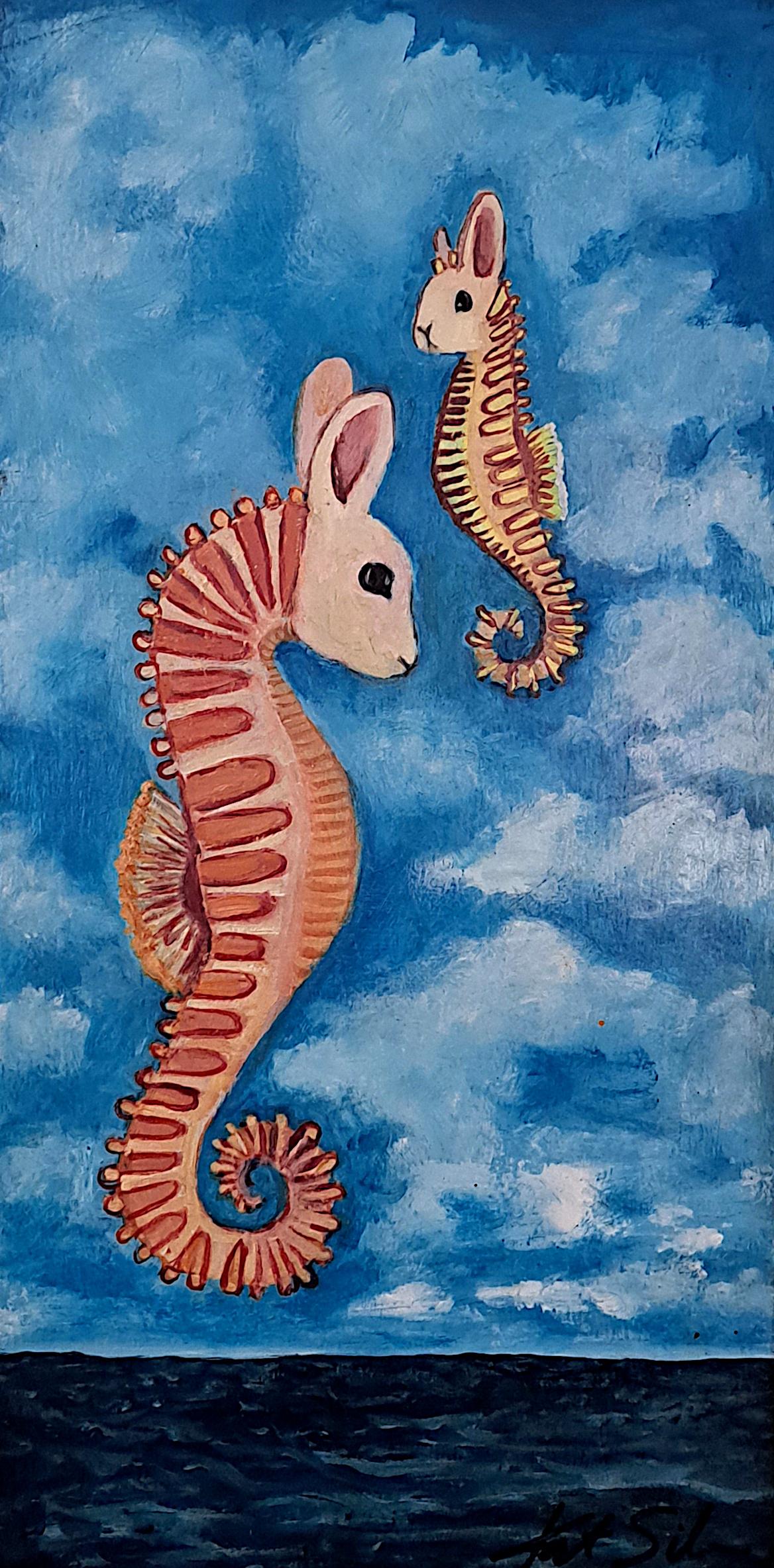 Bunny Seahorse Couple, Oil Painting - Art by Kat Silver
