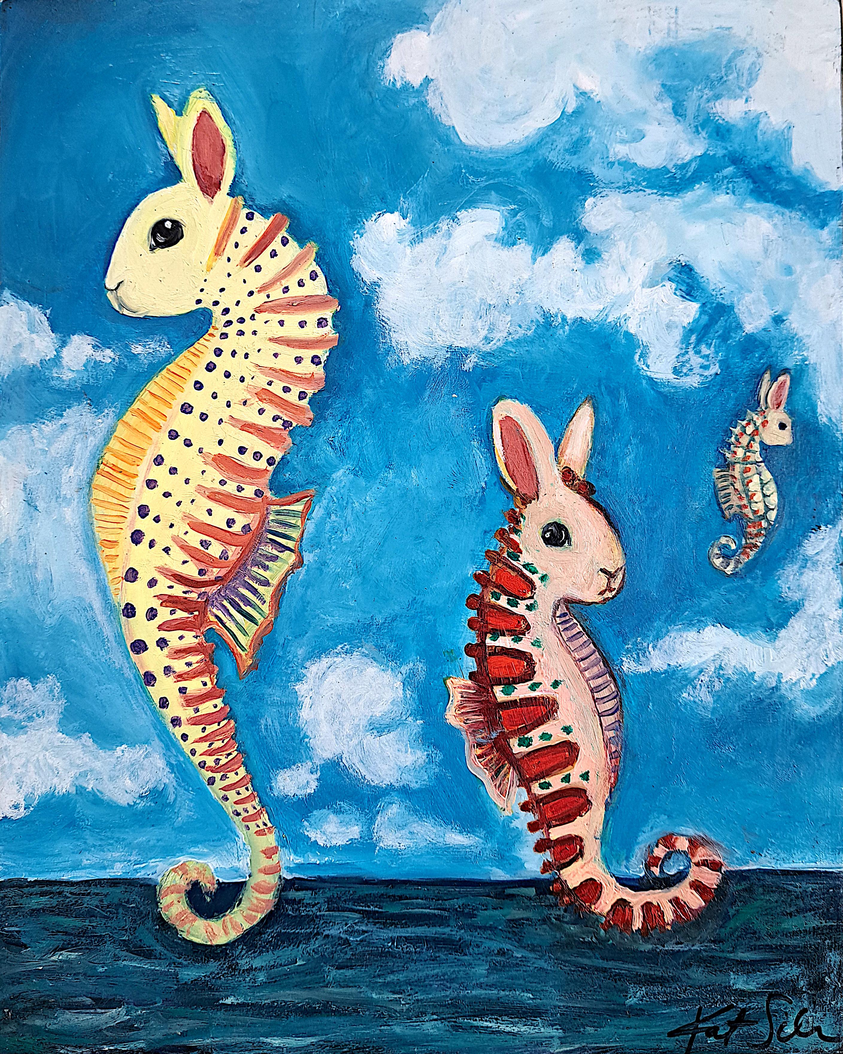 Sea Horse Bunnies, Oil Painting - Art by Kat Silver