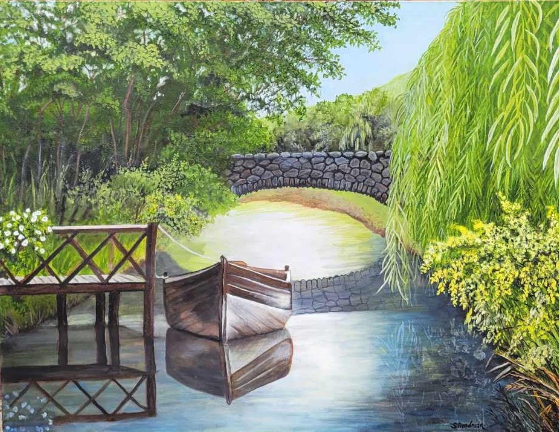 Shela Goodman Landscape Painting - Bridge over Calm Water, Oil Painting