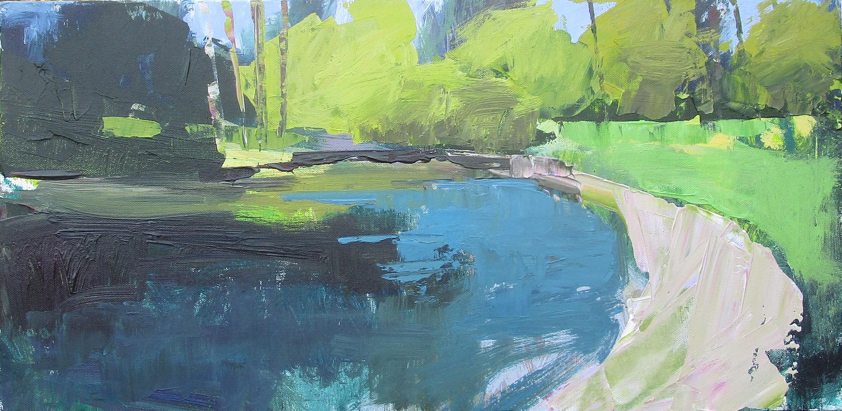 Janet Dyer Landscape Painting – Teich mit gelben Bäumen, Originalgemälde