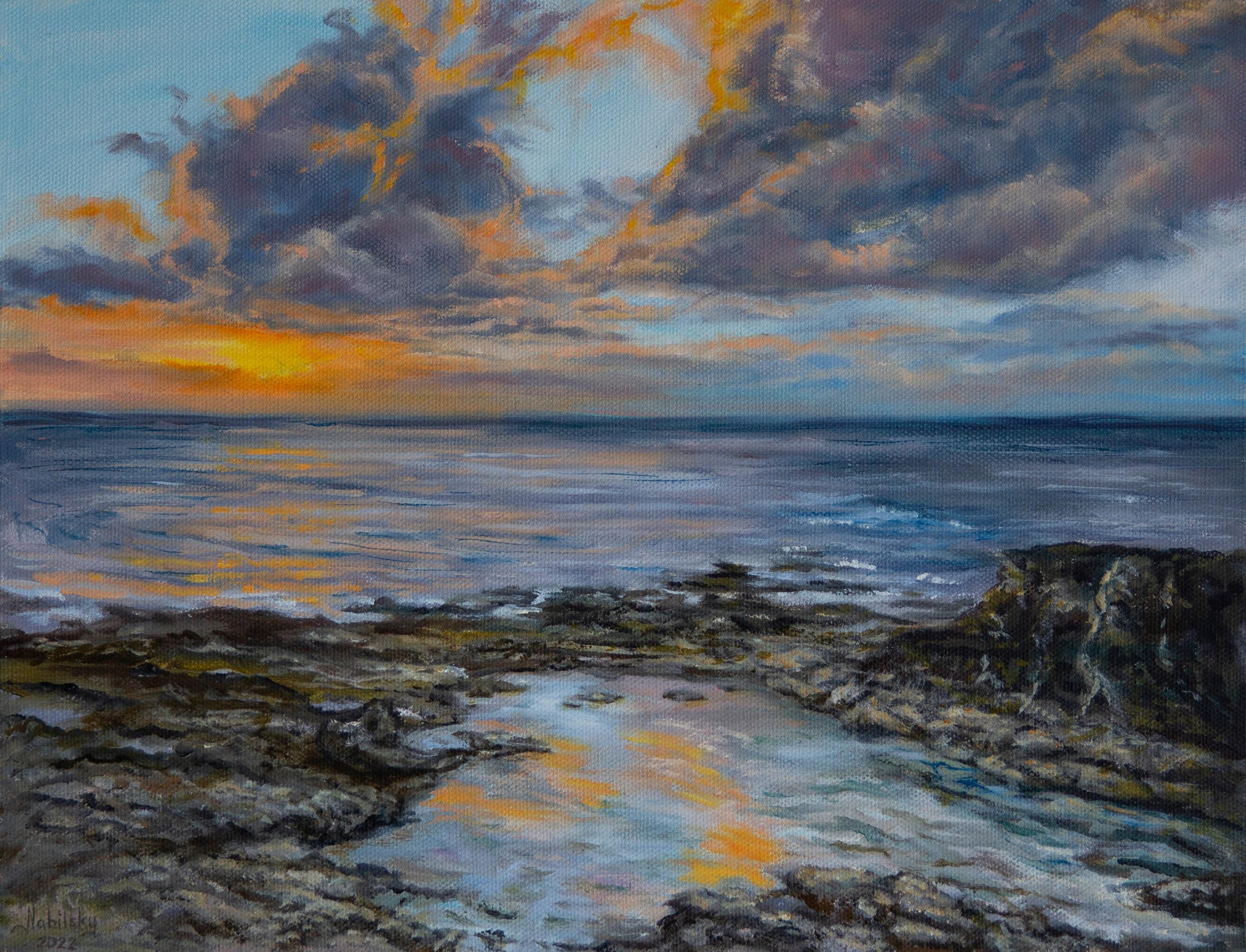 Récif au coucher du soleil, peinture à l'huile - Art de Olena Nabilsky