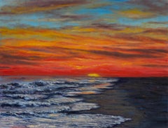 Coucher de soleil rouge, peinture à l'huile