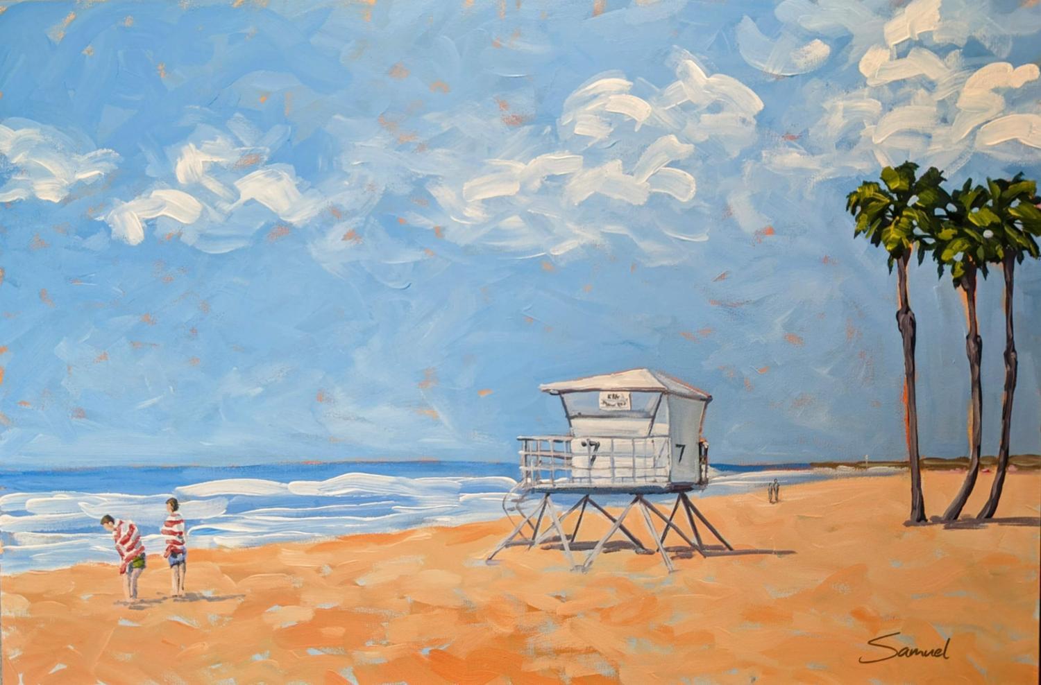 Samuel Pretorius Landscape Painting - Lifeguard Tower and Beachgoers, Original Painting