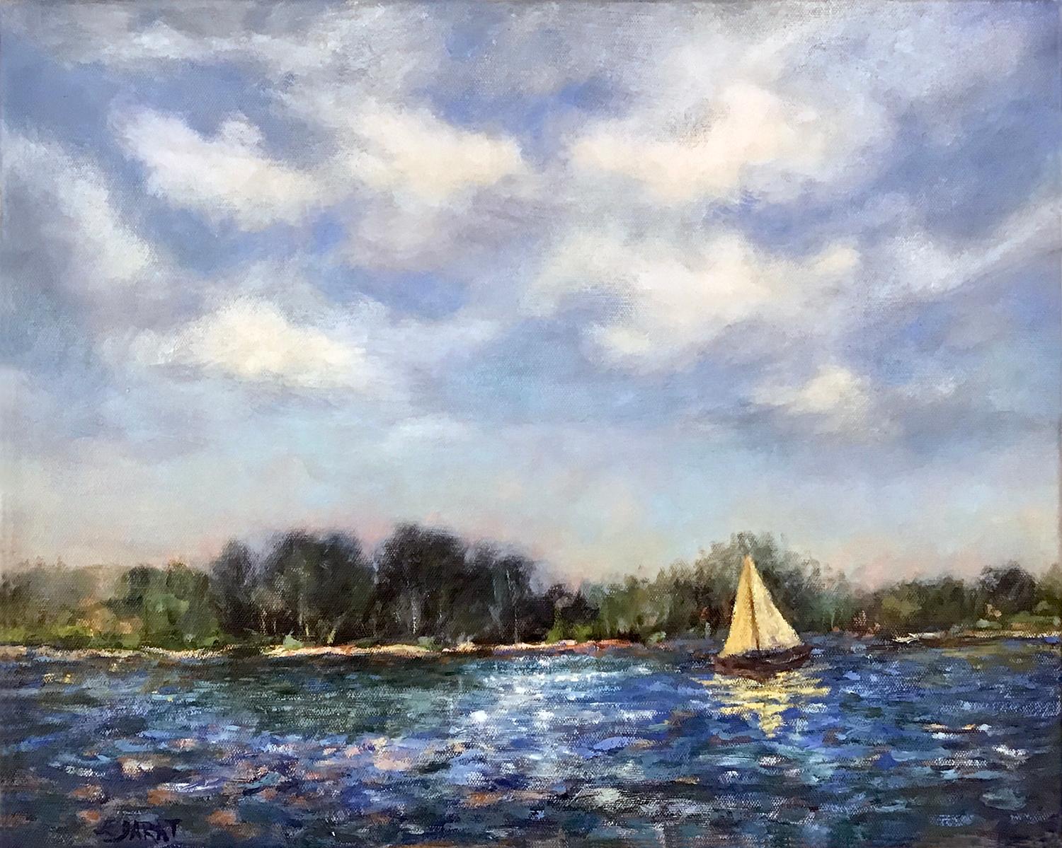 Yellow Sail on Patriot Lake, Oil Painting - Art by Elizabeth Garat