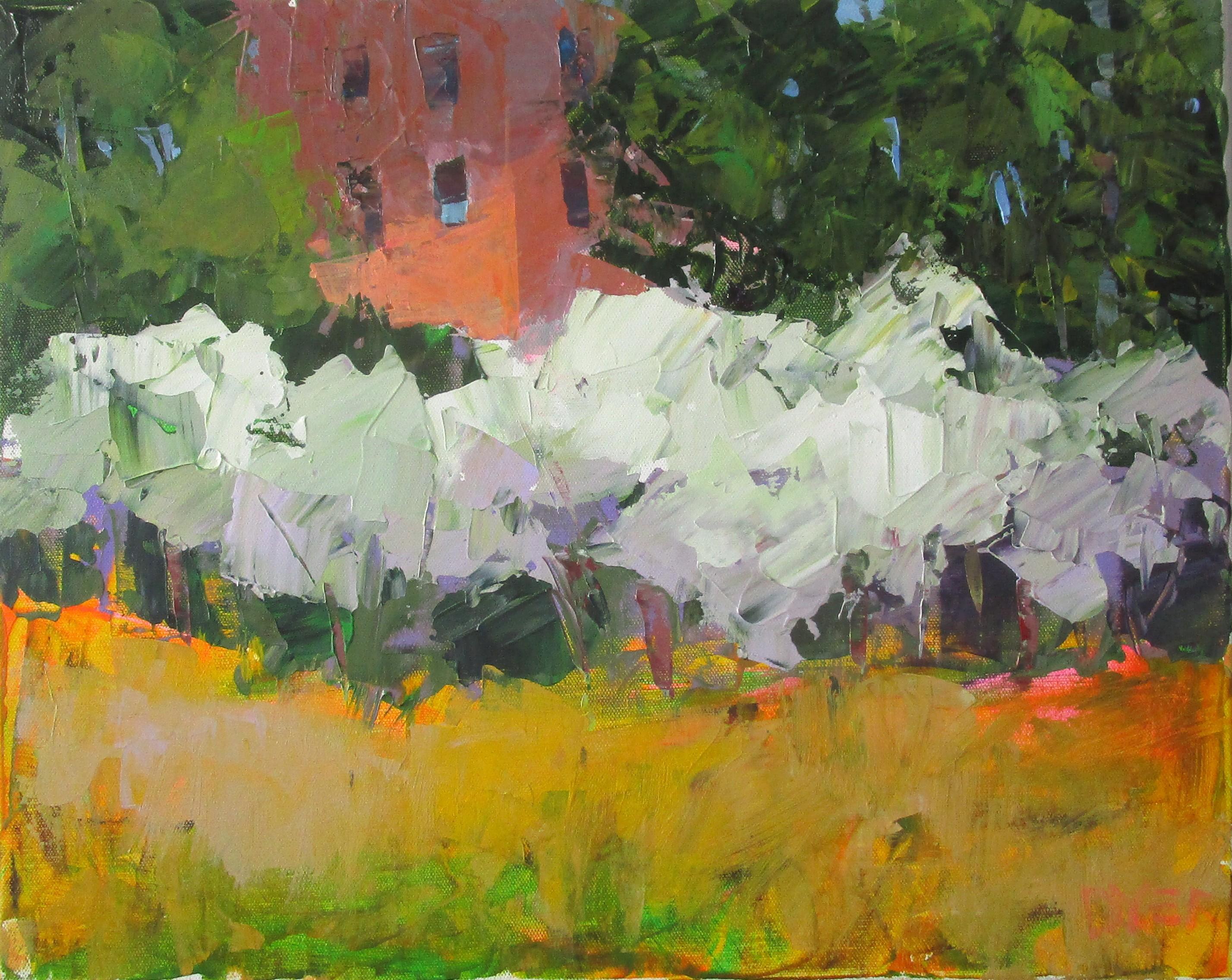 Janet Dyer Landscape Painting – Olivenbäume von Gebäude, Originalgemälde