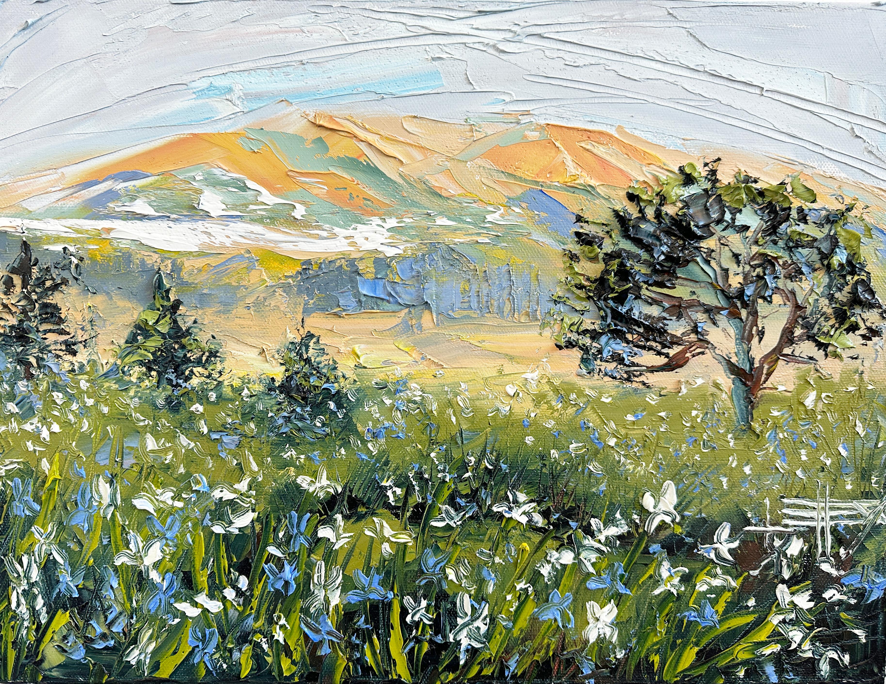 Lisa Elley Landscape Painting - Coastal Iris Bloom, Oil Painting