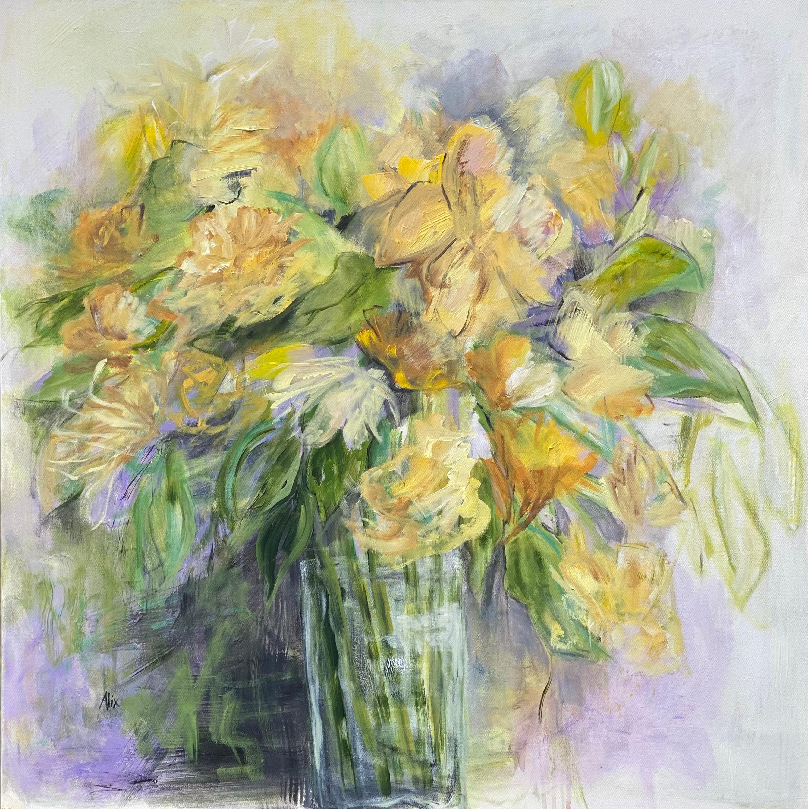 Yellow Bouquet in Vase, Original Painting - Art by Alix  Palo