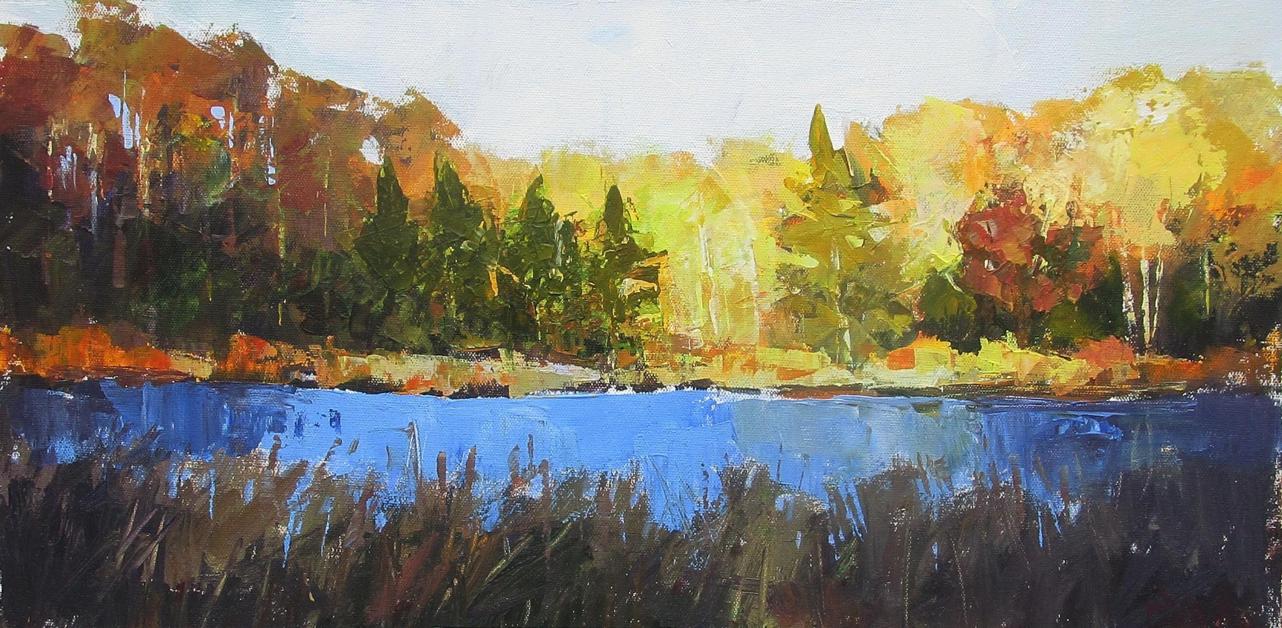 Janet Dyer Landscape Painting – Nature Preserve-Teich, Herbst, Originalgemälde