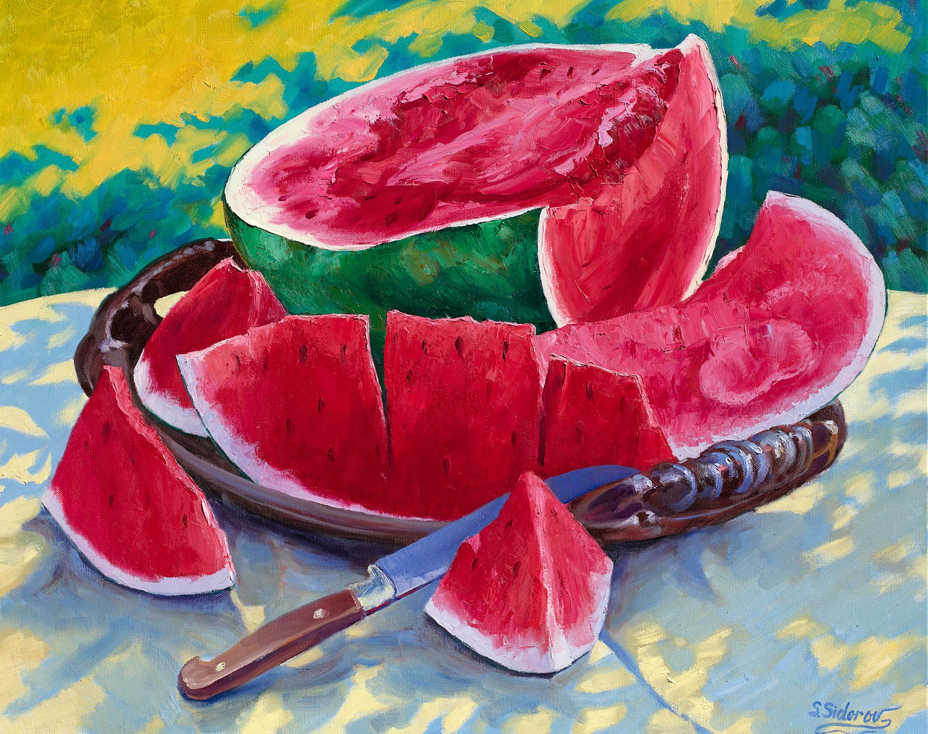 Stanislav Sidorov Still-Life Painting - Watermelon Summer Medley, Oil Painting