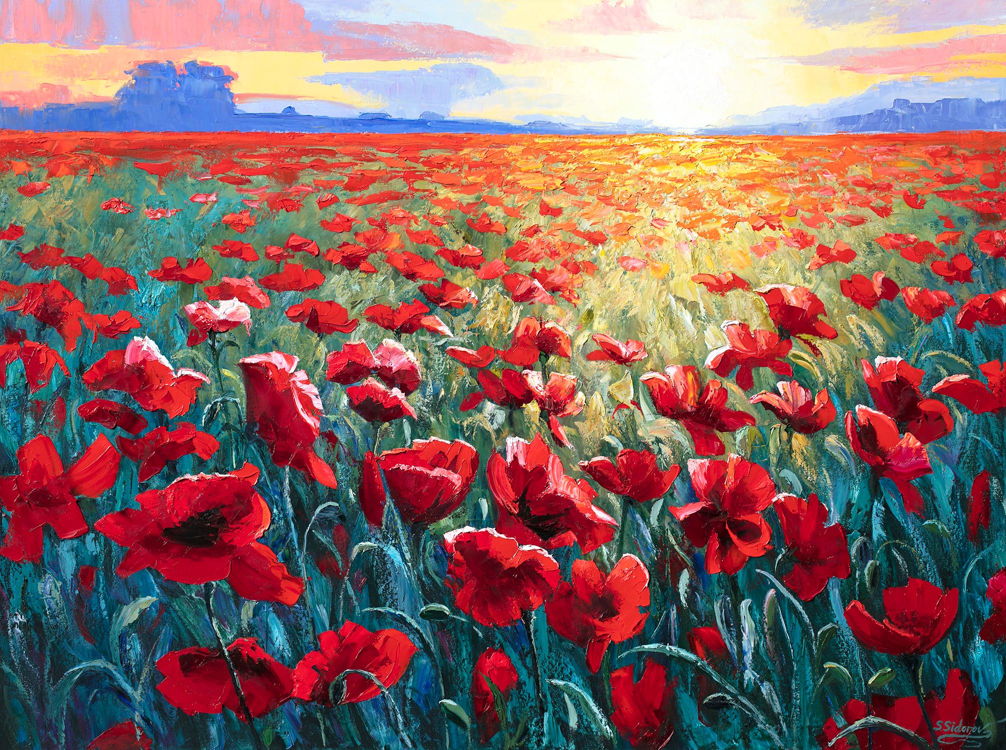 Stanislav Sidorov Landscape Painting - Poppy Sunset, Oil Painting