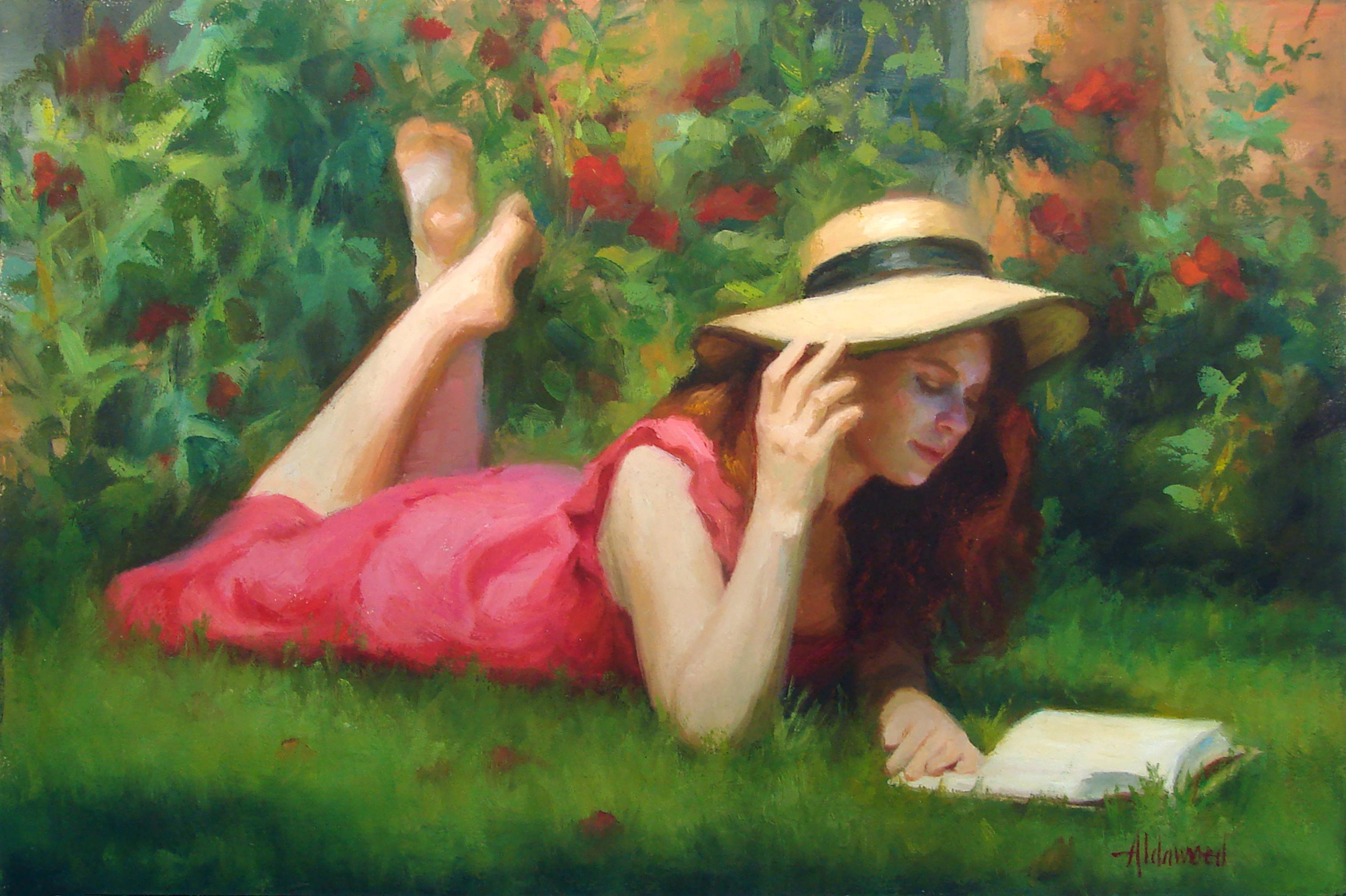Sherri Aldawood Figurative Painting - Summer Reading, Oil Painting