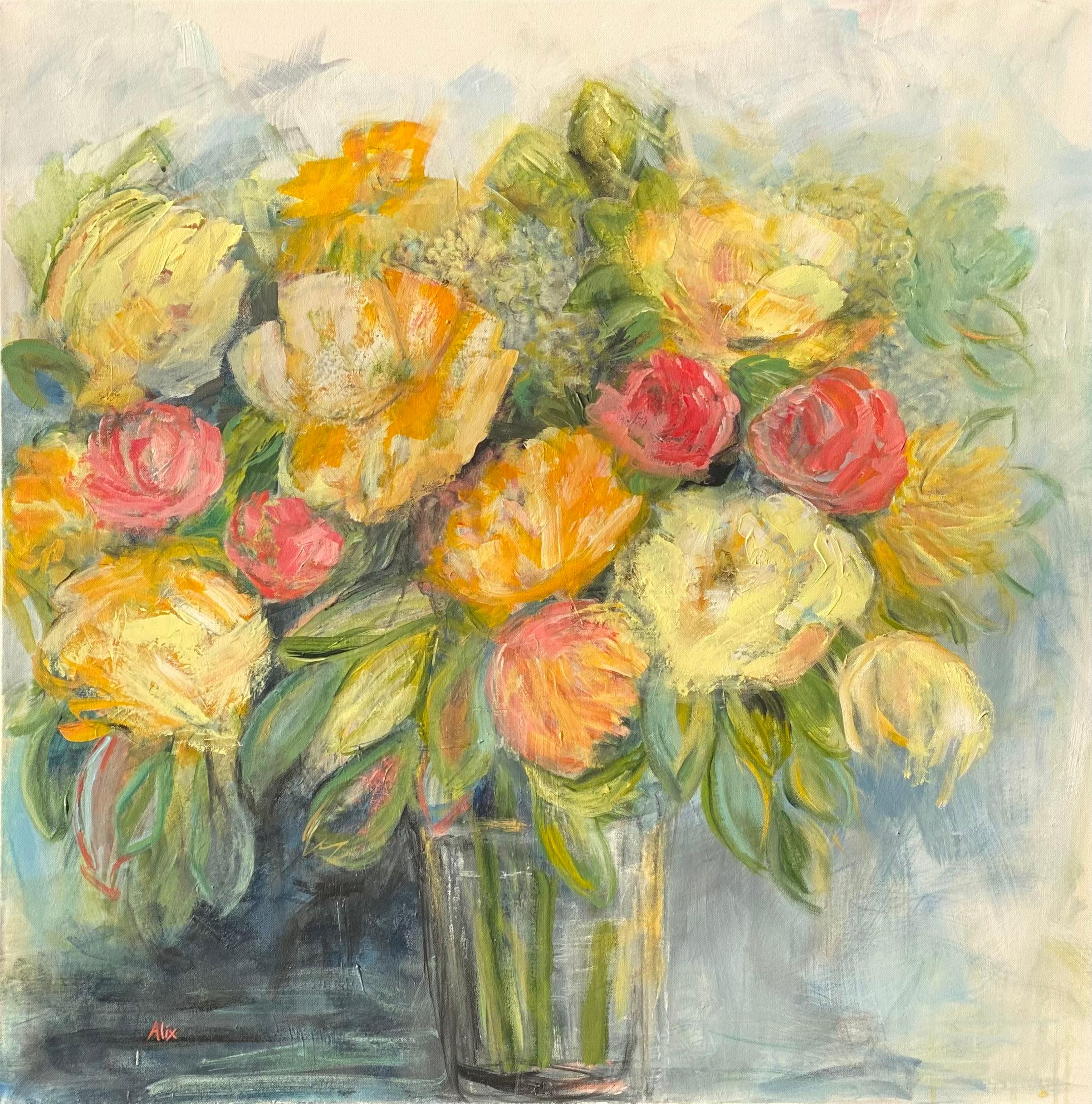 Alix  Palo Still-Life Painting – Gelber Blumenstrauß, Originalgemälde