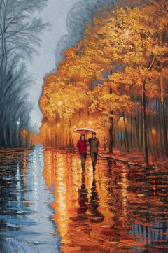 Fall Alley. Golden Reflection., Oil Painting