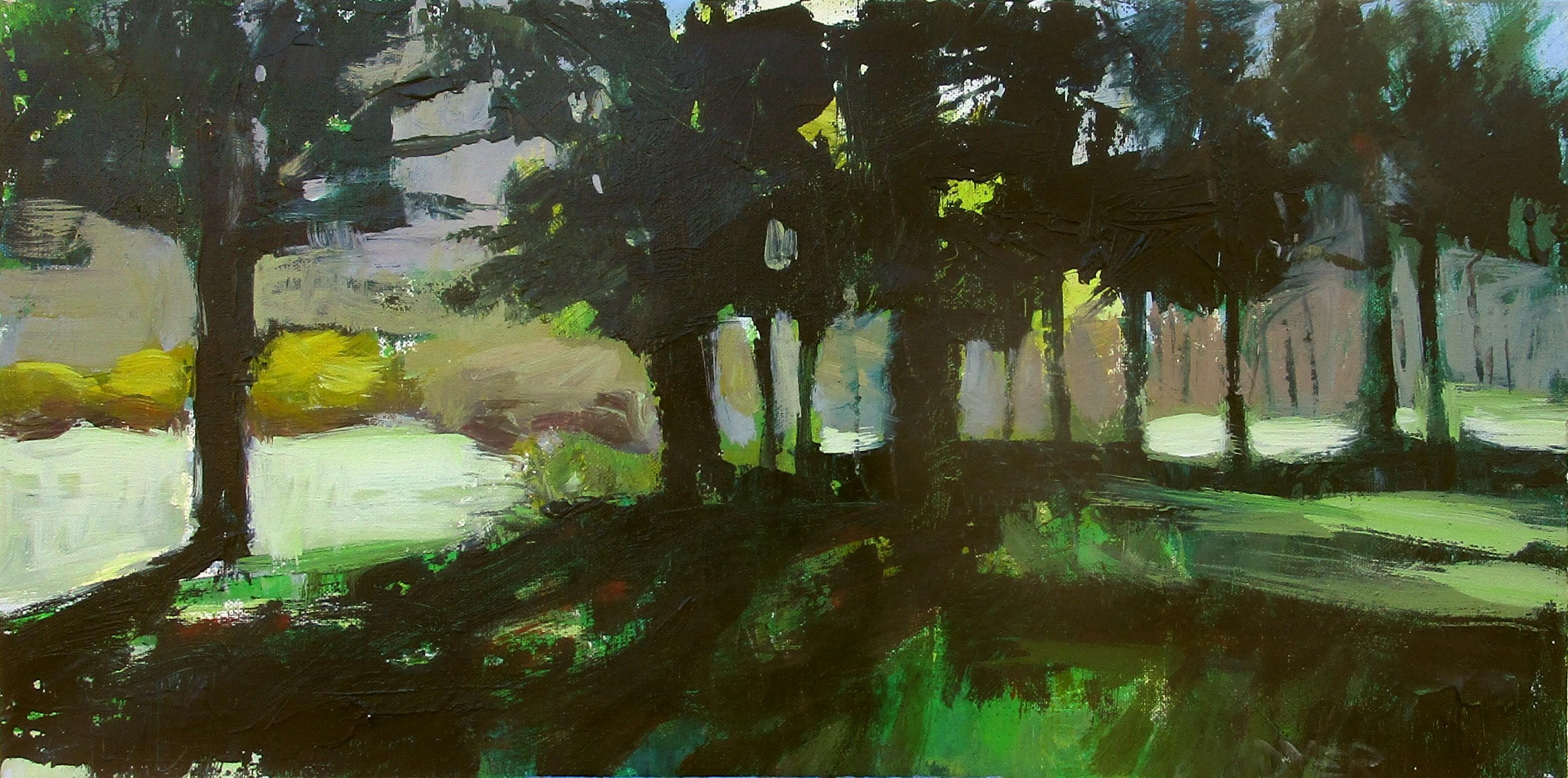 Janet Dyer Landscape Painting – Dunkle Bäume, Originalgemälde