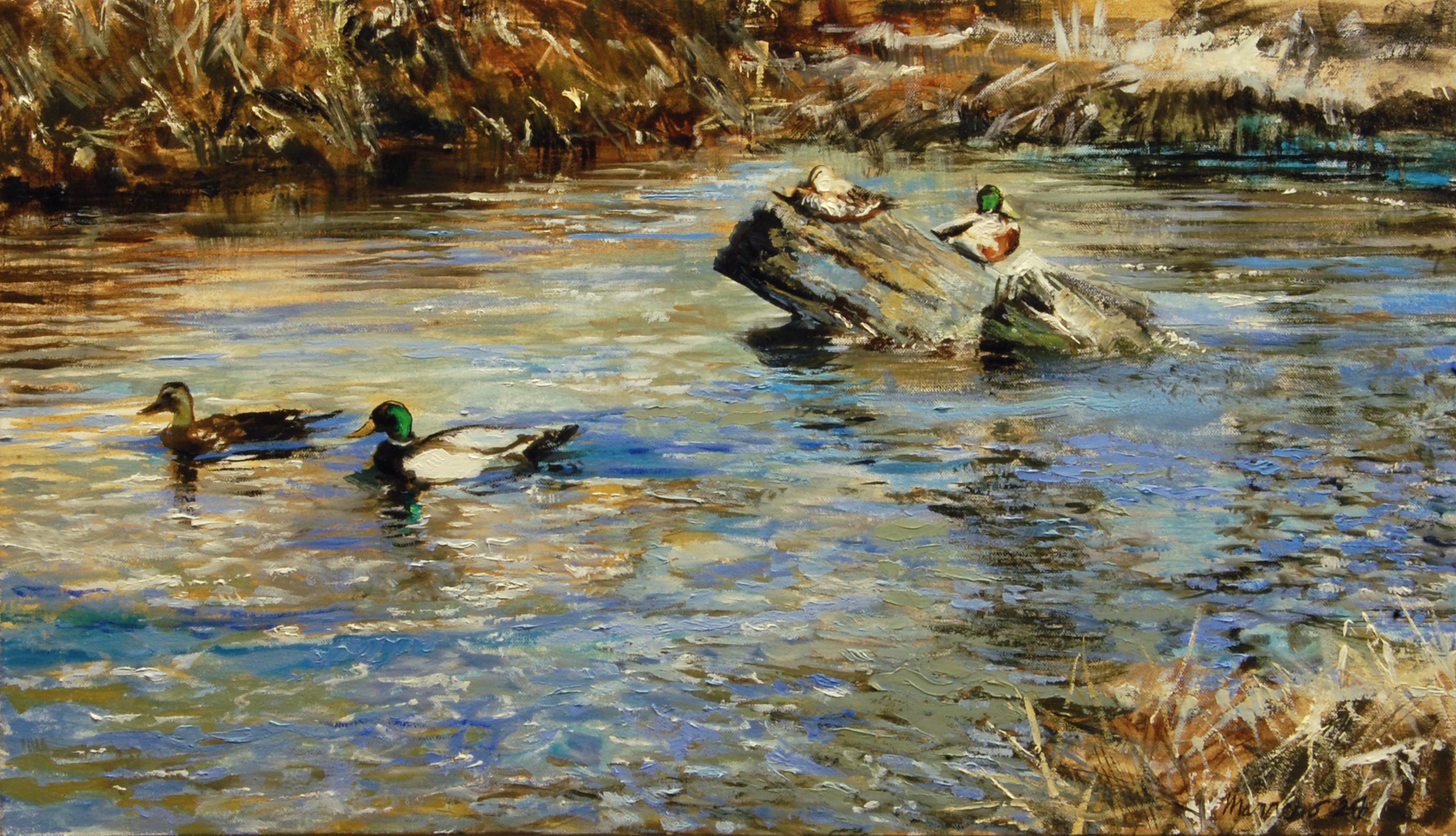 Couple de canards colverts en hiver, peinture à l'huile - Art de Onelio Marrero