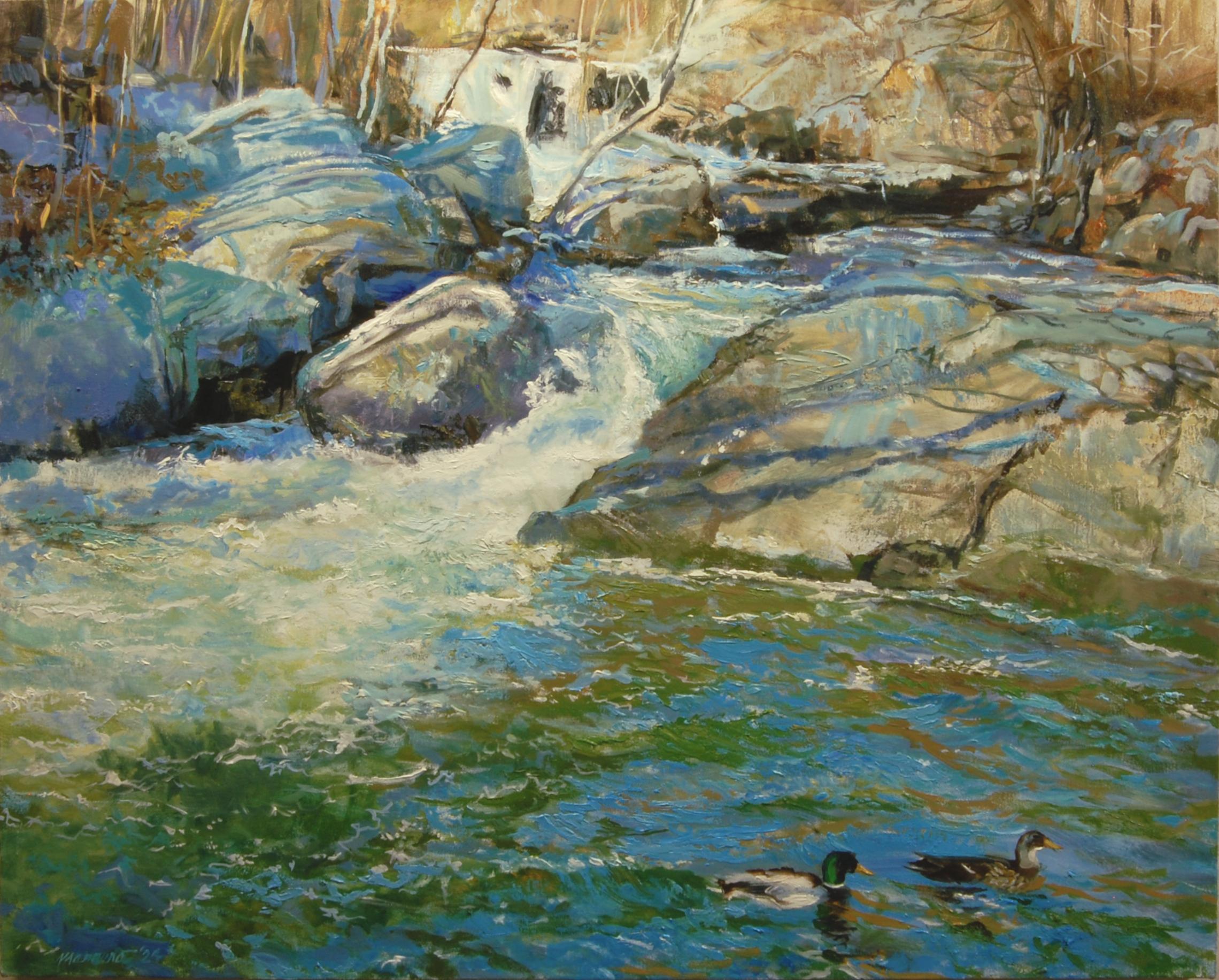 Ducks near the Chute in Boonton, Oil Painting - Art by Onelio Marrero