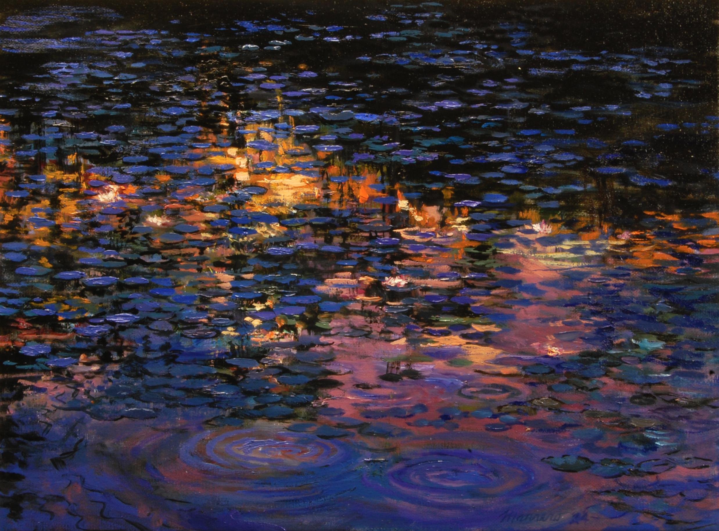 Onelio Marrero Landscape Painting - Nocturnal Water Lilies, Oil Painting