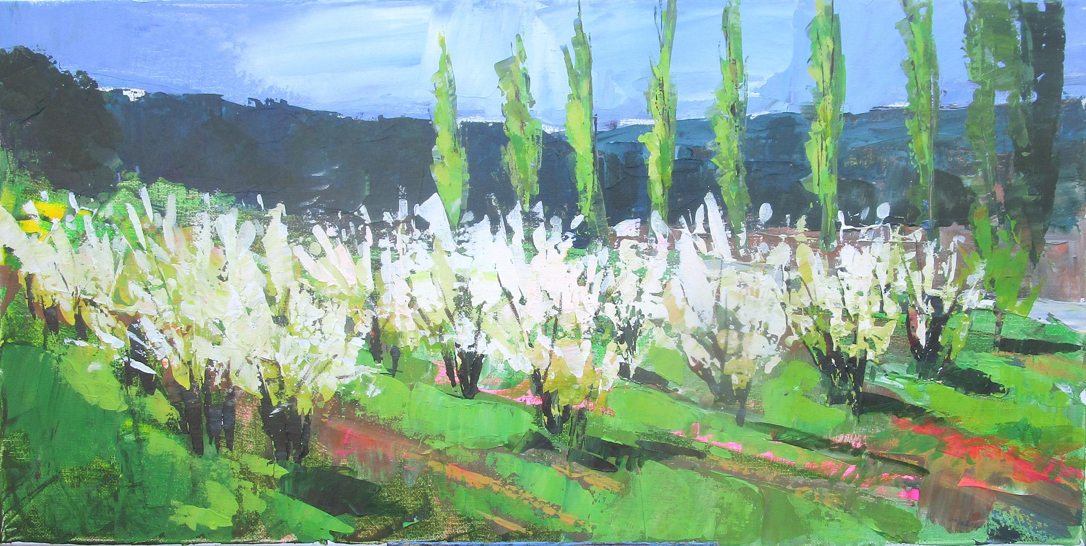 Janet Dyer Landscape Painting - Cypresses and Orchard, Springtime, Original Painting