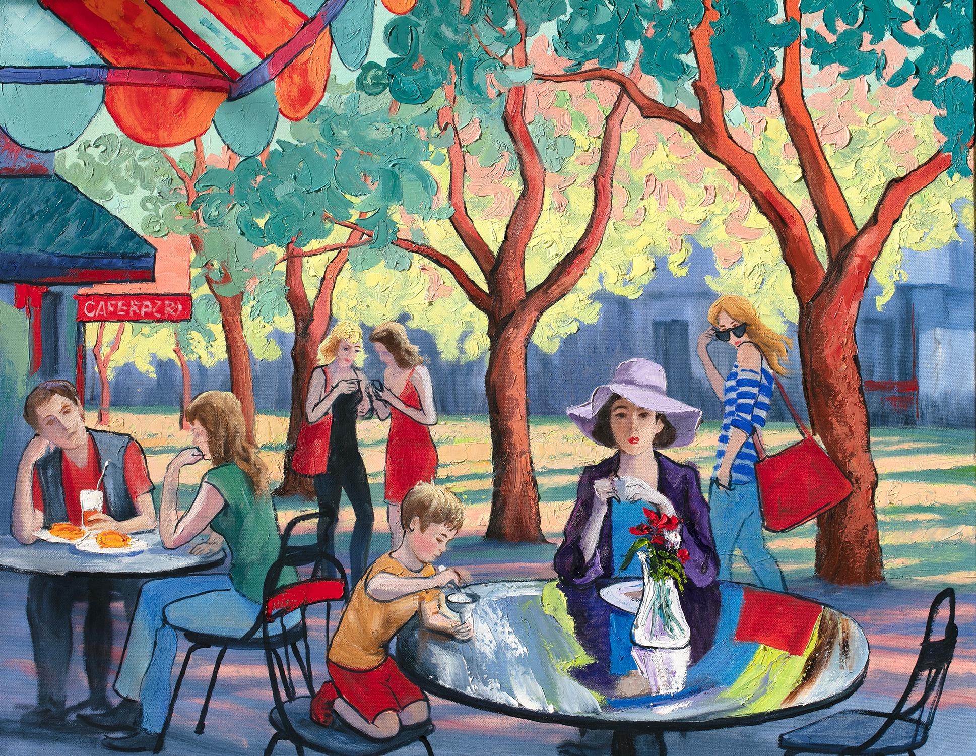 Stanislav Sidorov Figurative Painting - Sunday Morning. Street Cafe in Boulder, Colorado, Oil Painting