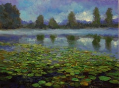 Nebbia mattutina e gigli, pittura a olio
