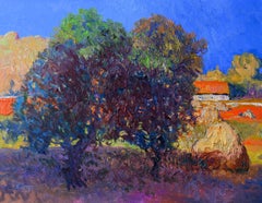 In the Farm. Haystack and Trees, Oil Painting