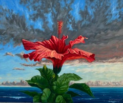 Puesta de sol con hibiscos, Pintura al óleo